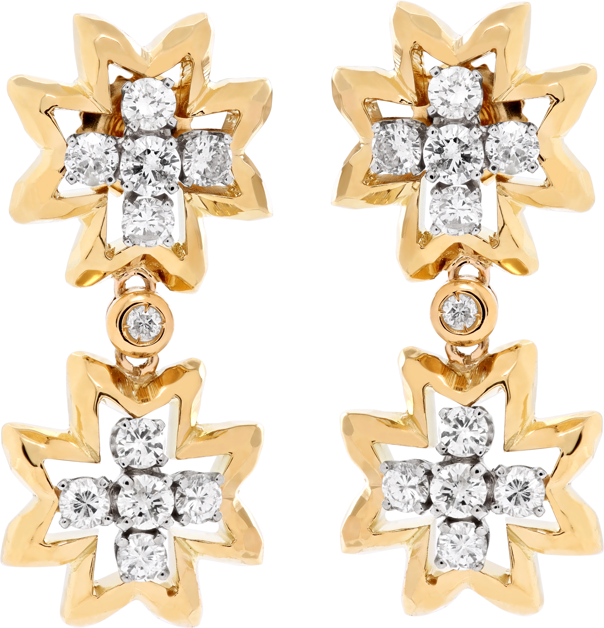 Diamonds hanging earrings in 18K yellow gold. Round brilliant cut diamonds total Approx. weight: 2.00 carats. Post.