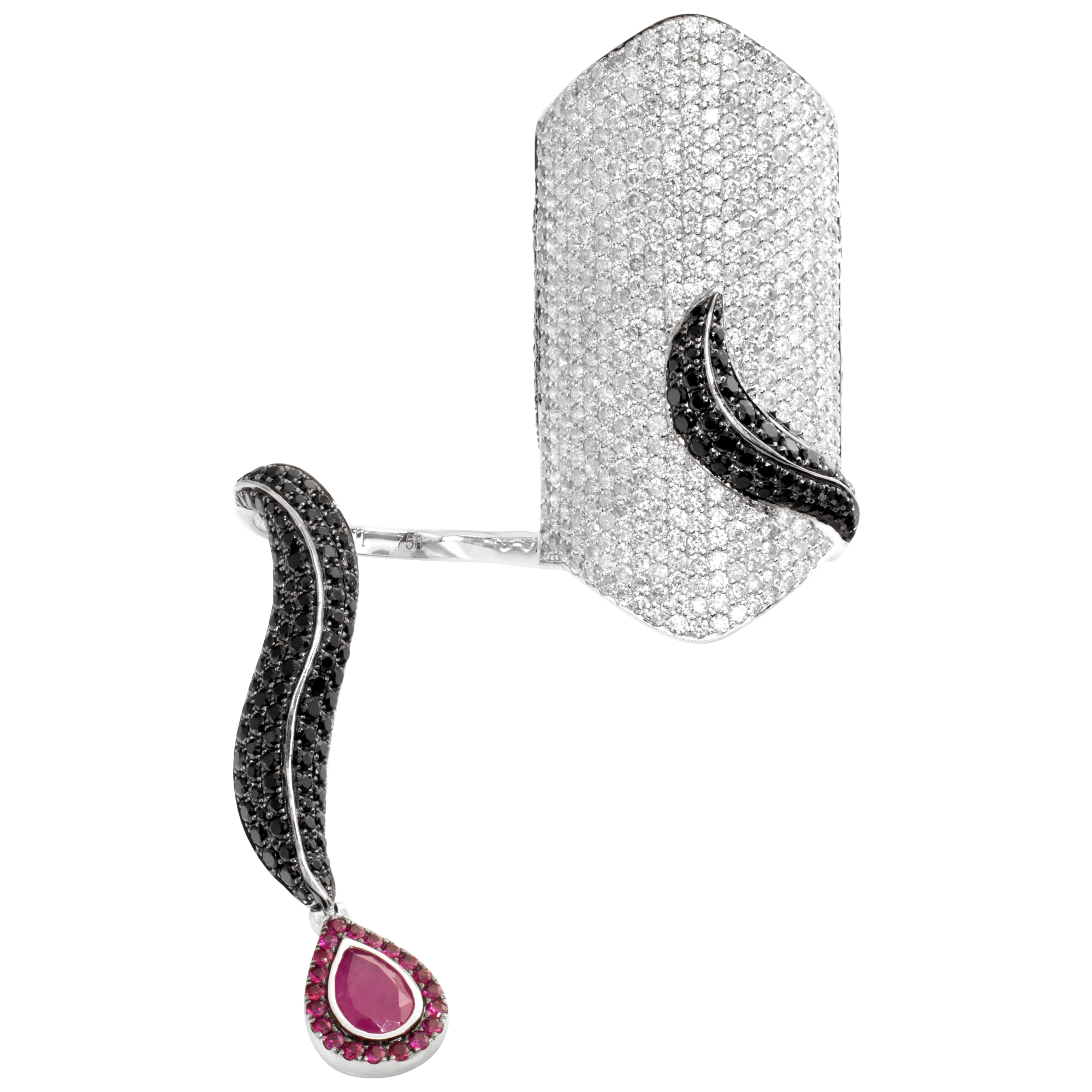 Dionea Orcini Double White & Black Diamonds Rings With Red Garnet In 18k