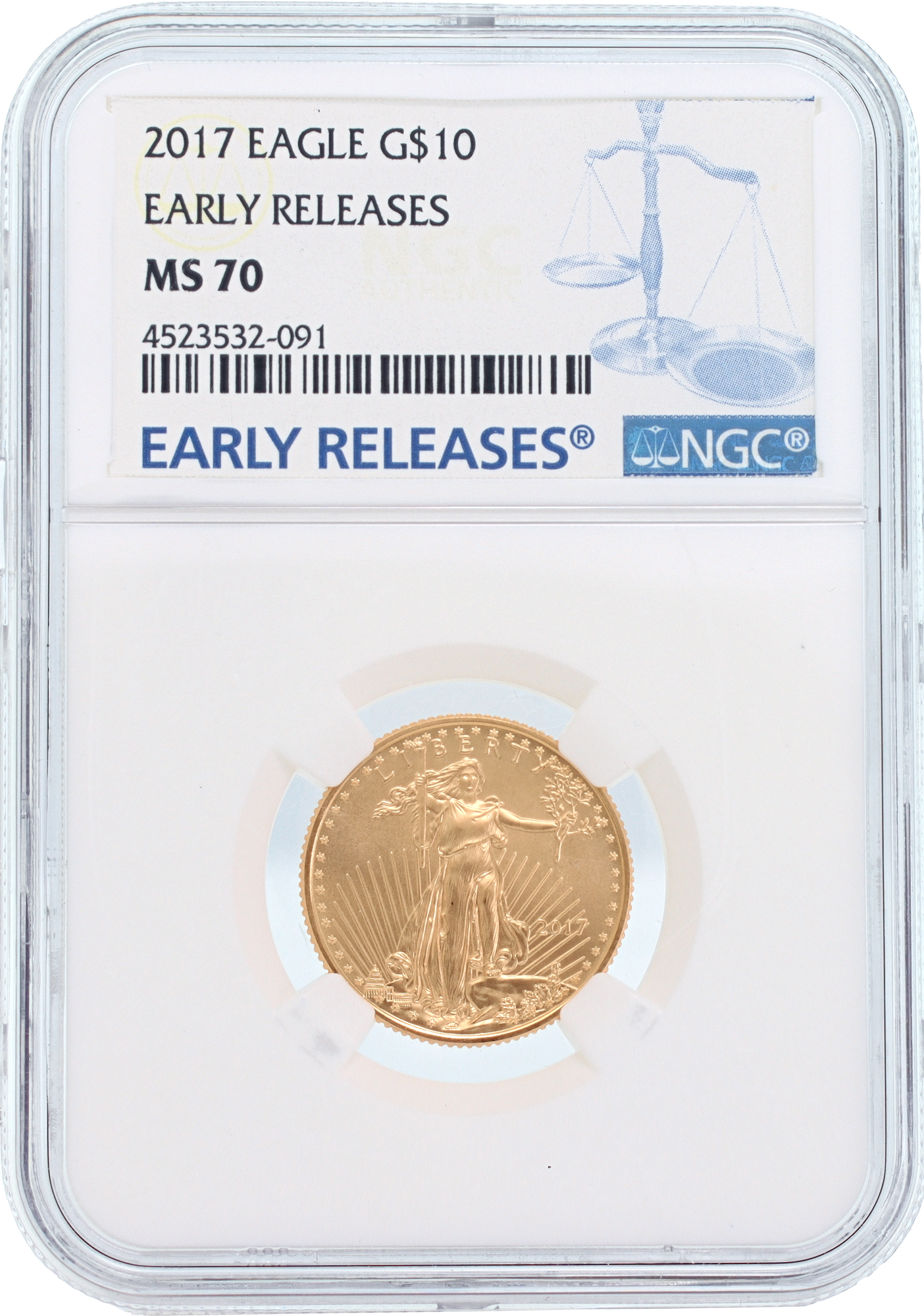 $10 American Eagle Gold Coin 1/4 troy oz of fine gold Uncirculated PCGS grading of MS70 Perfection $10 American Eagle Gold Coin 1/4 troy oz of fine gold Uncirculated PCGS grading of MS70 Perfection