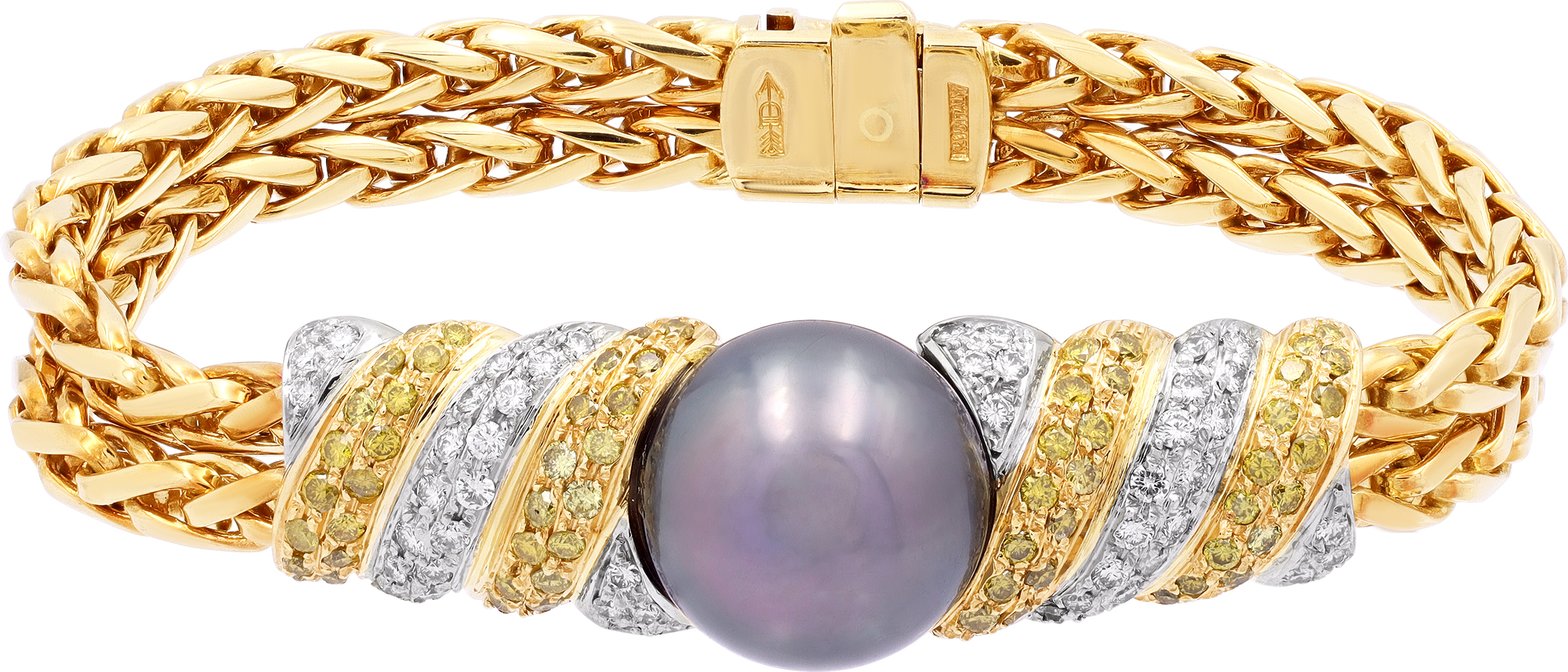Double Braided Pearl braclet in 18k yellow gold with white and yellow diamonds S522010