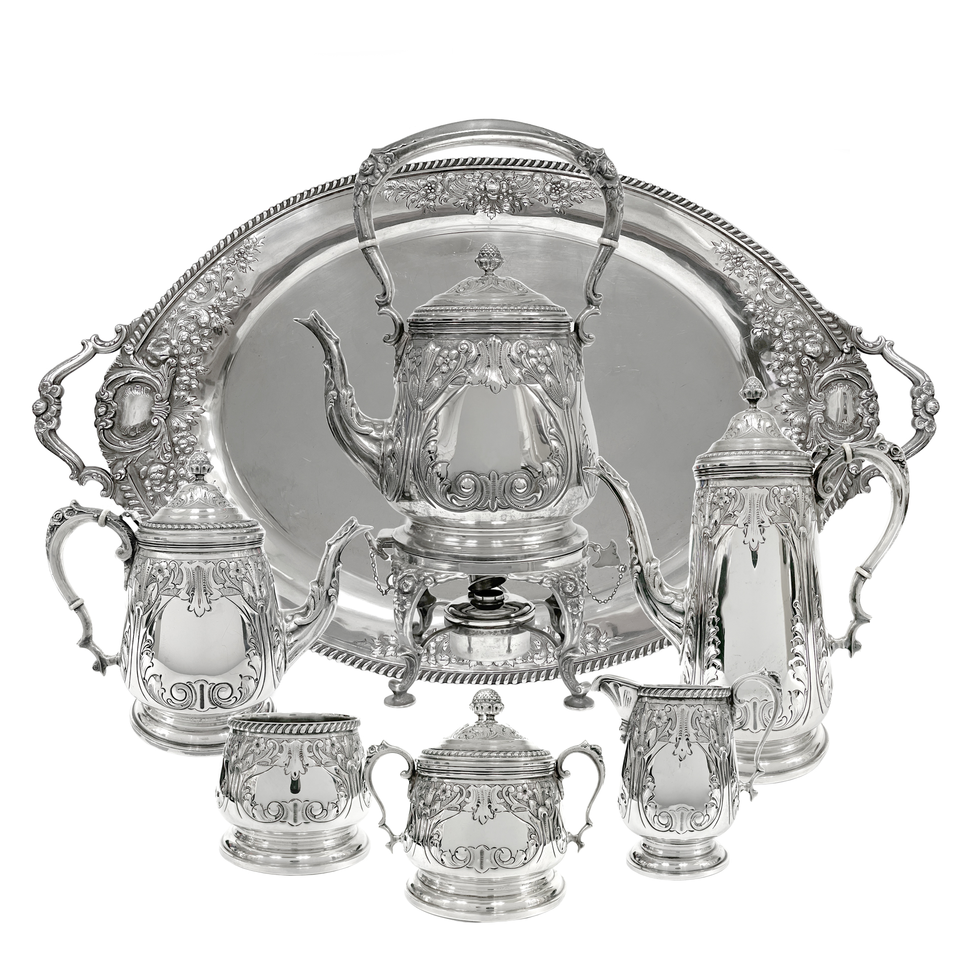 Durham, Hand Chased Sterling Silver 8 Pieces Tea, Coffee, Water Kettle Set, With Original Tray. Over 300 Troy Ounces Of .925 Sterling Silver