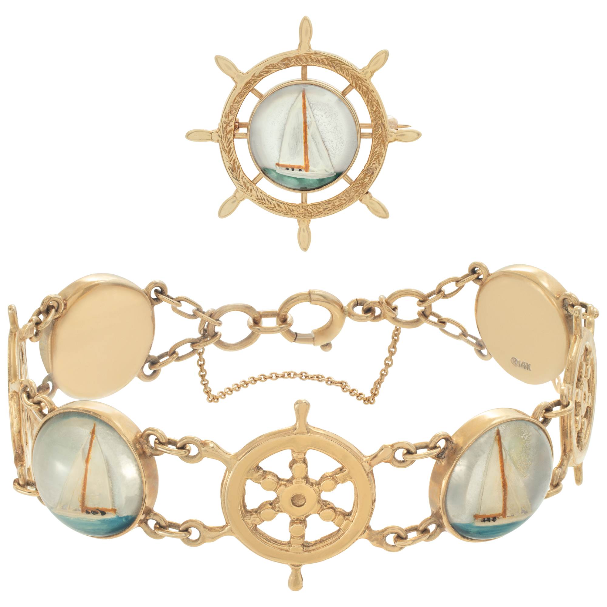 Edwardian square Reverse Intaglio Essex Crystal handpainted nautical bracelet & broach set, in 14K yellow gold. S520227