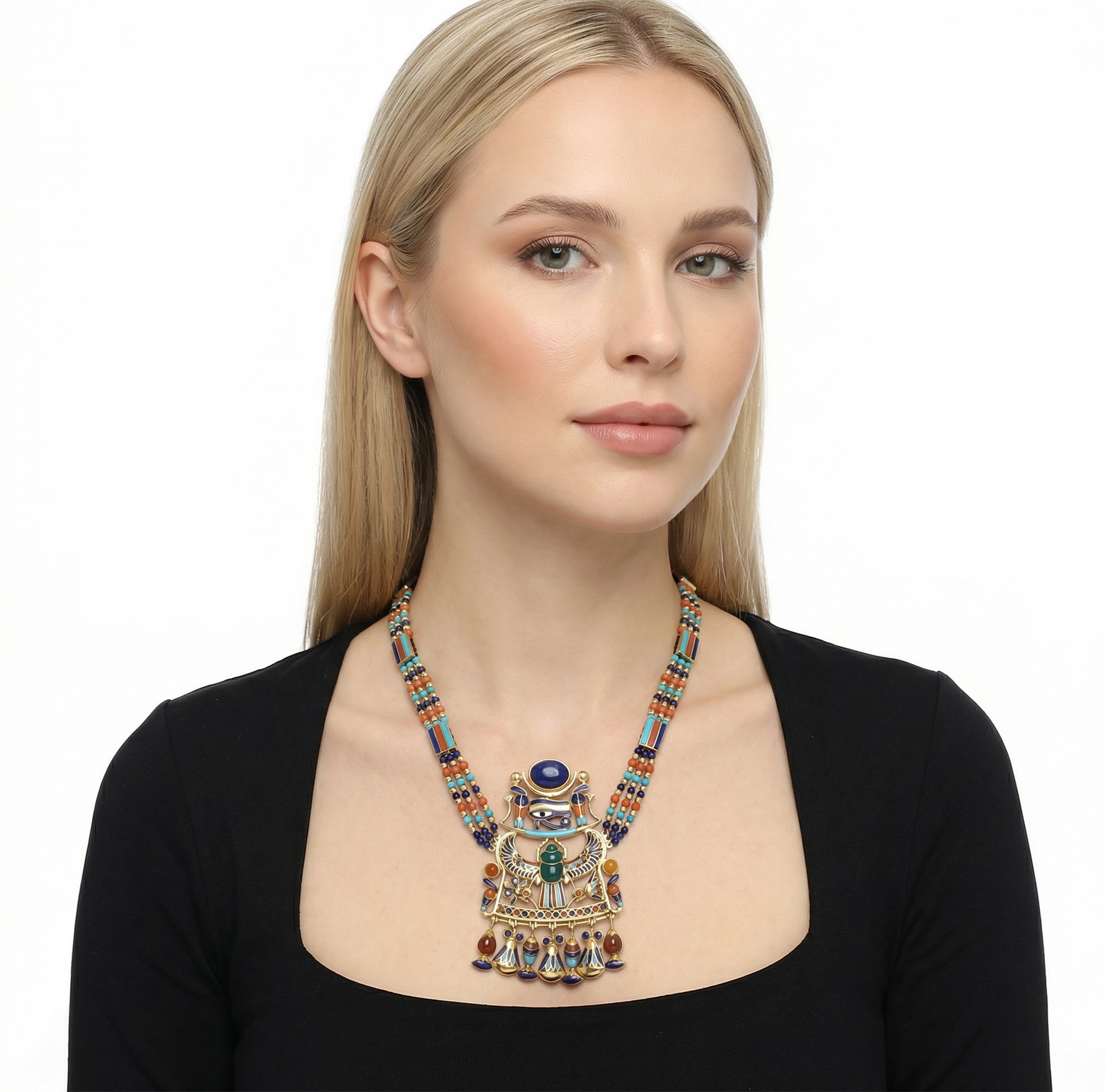 Egyptian Revival "Eye of Horus" symbol necklace in 18k yellow gold with enamel and semi-precious cabochon & beads.stones