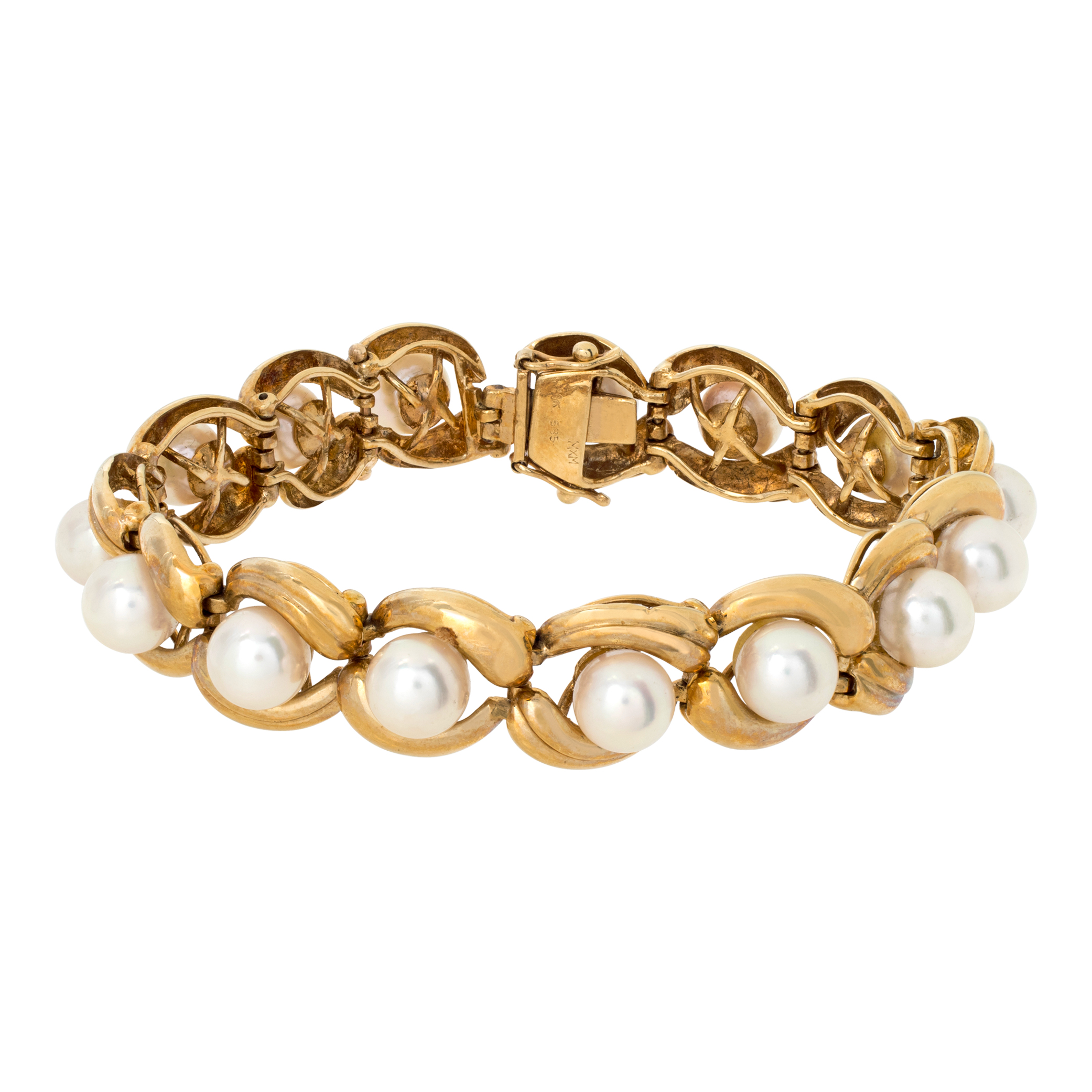 Elegant 14k Yellow Gold Bracelet With Rose Toned Pearls |