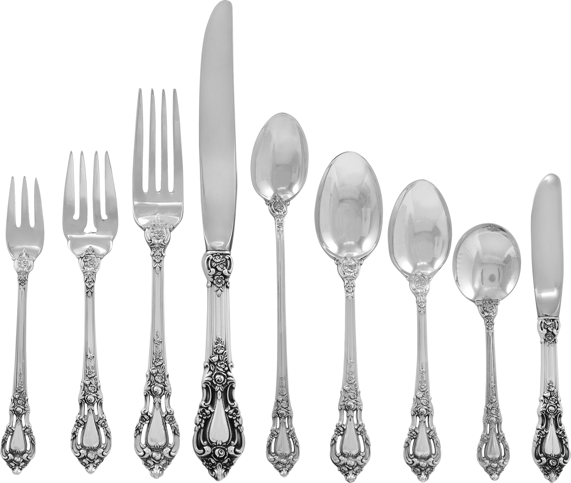 ELOQUENCE sterling silver flatware set 1953 by Lunt Silversmiths. The most complete Eloquence Lunt set being sold in America. TOTAL: 121 pieces. Over 170 troy ounces of .925 sterling silver ELOQUENCE sterling silver flatware set 1953 by Lunt Silversmiths. The most complete Eloquence Lunt set being sold in America. TOTAL: 121 pieces. Over 170 troy ounces of .925 sterling silver