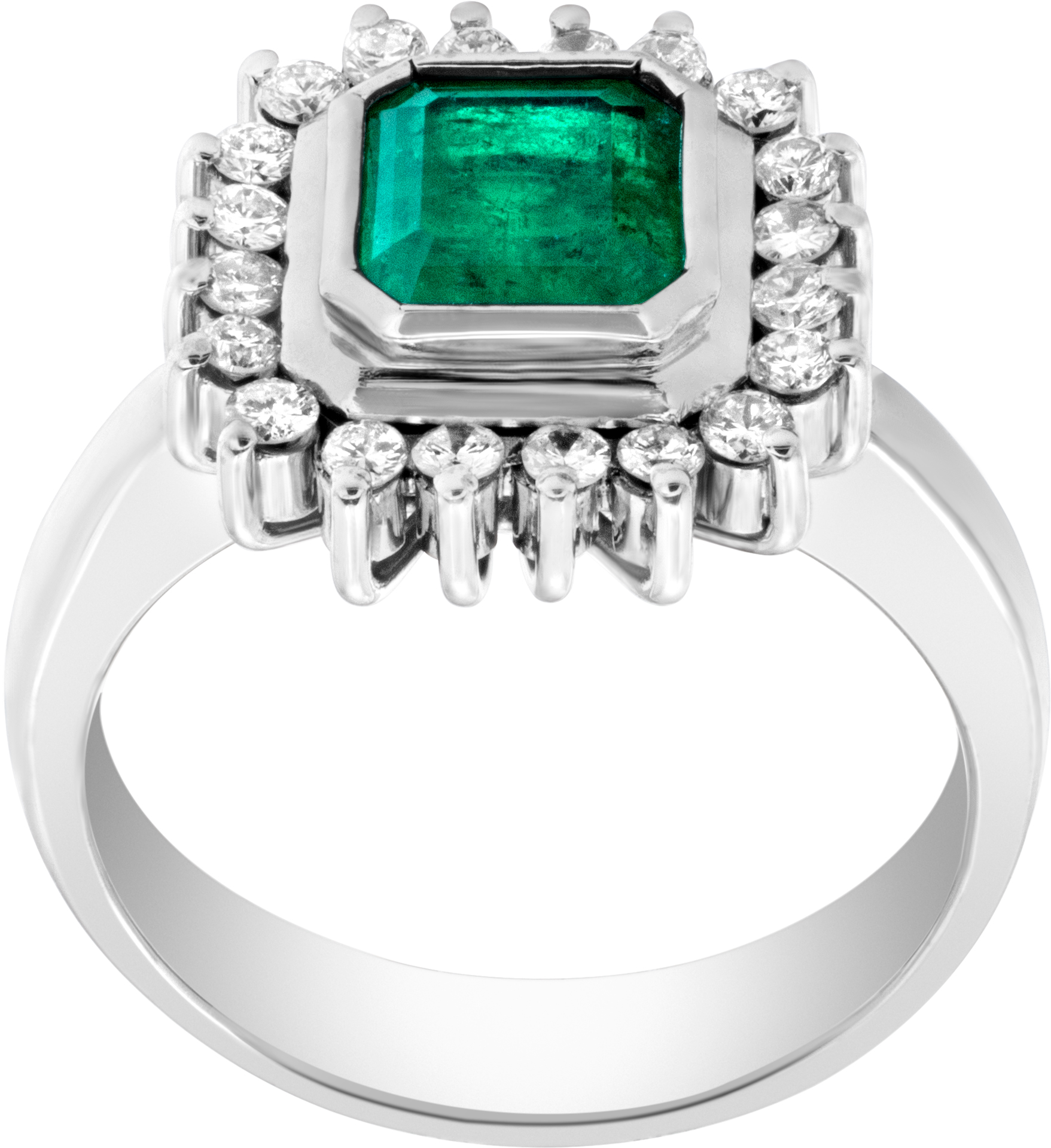 Emerald and diamond ring. 18k white gold