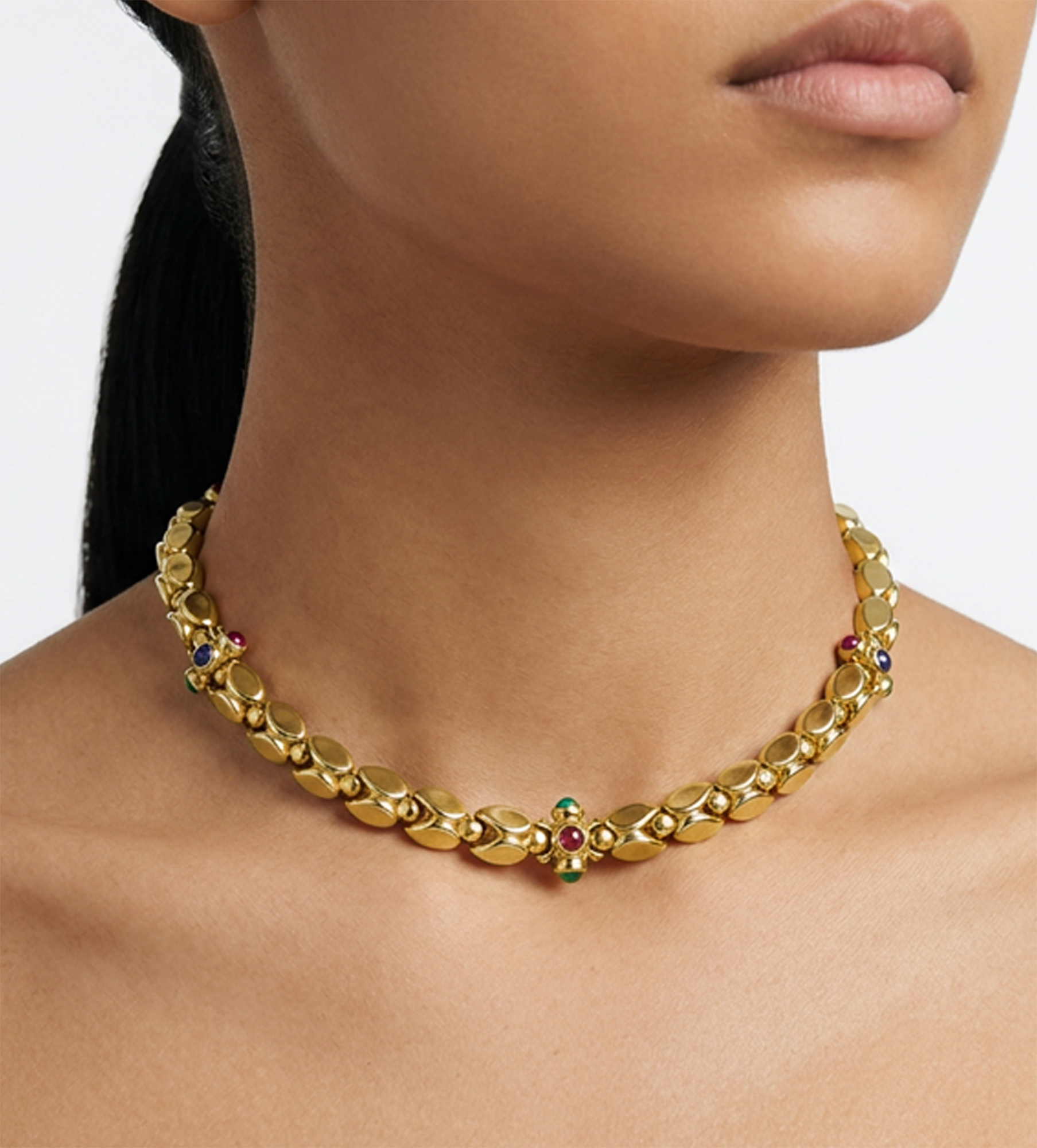 Emerald, Ruby, and Sapphire necklace in 18k yellow gold