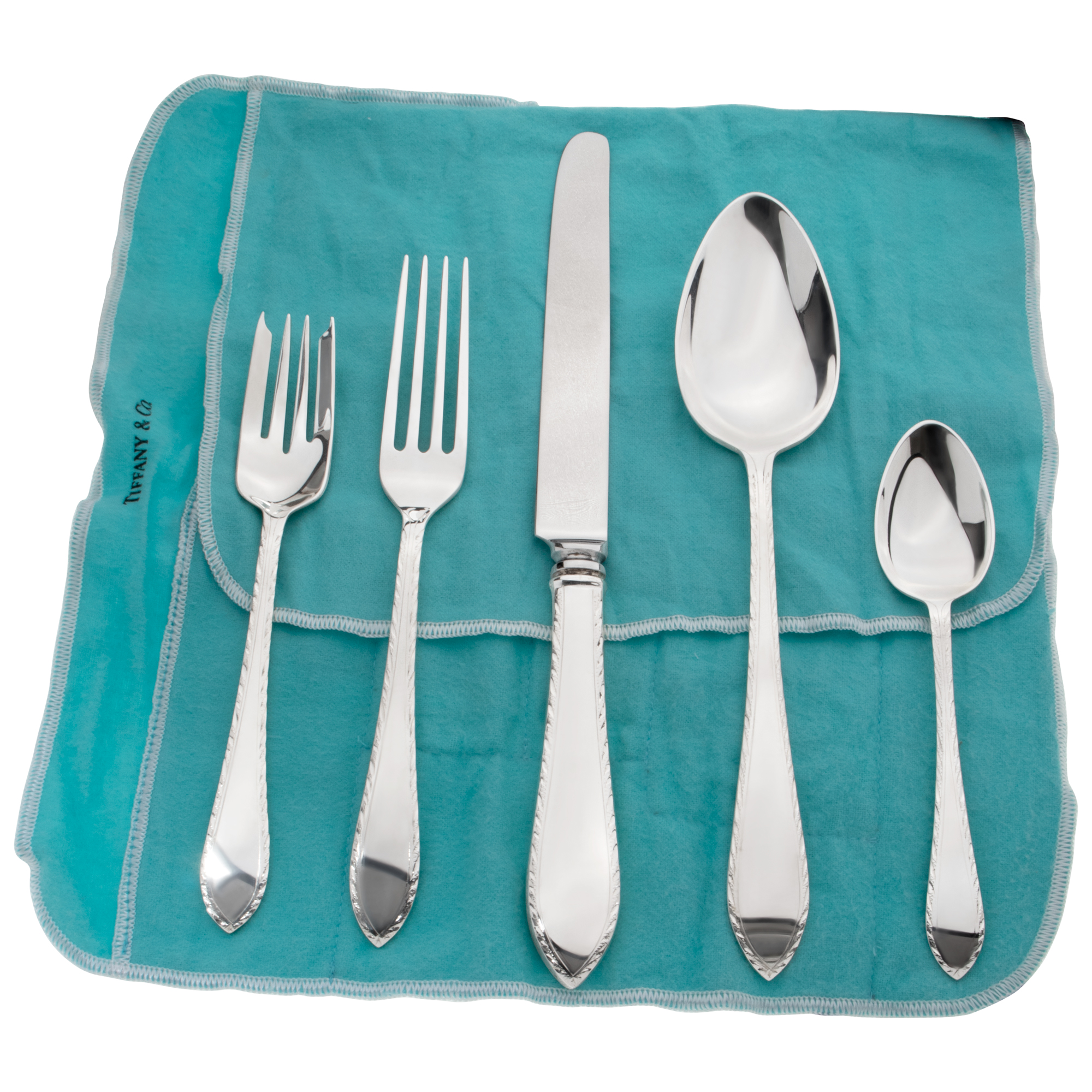 FEATHER EDGE sterling silver flatware set patented in 1901 by Tiffany & Co. 5 place setting for 8  with 2 serving pieces