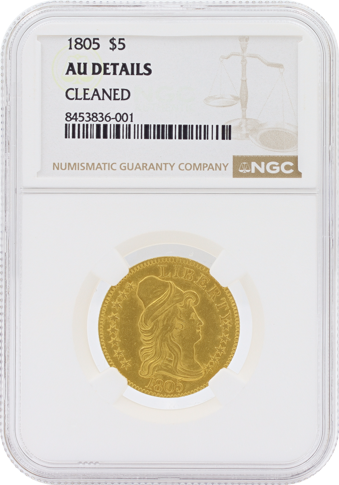 Five Dollar US gold coin 1805 Draped Bust Gold half Eagle NGC graded and sealed