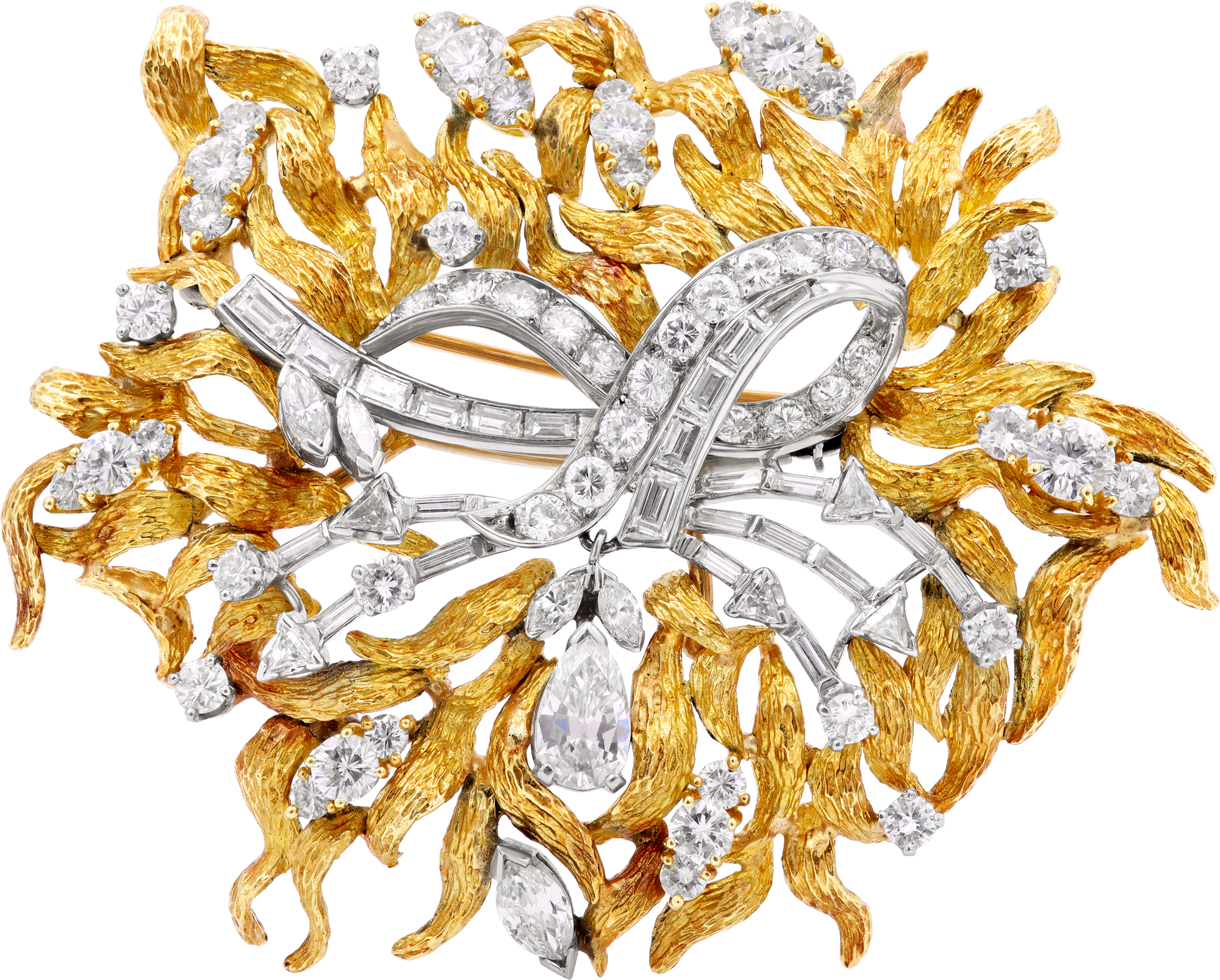 Floral Brooch with baguette, marquise, round, pear, and trillion shaped diamonds in 18k yellow and white gold Floral Brooch with baguette, marquise, round, pear, and trillion shaped diamonds in 18k yellow and white gold