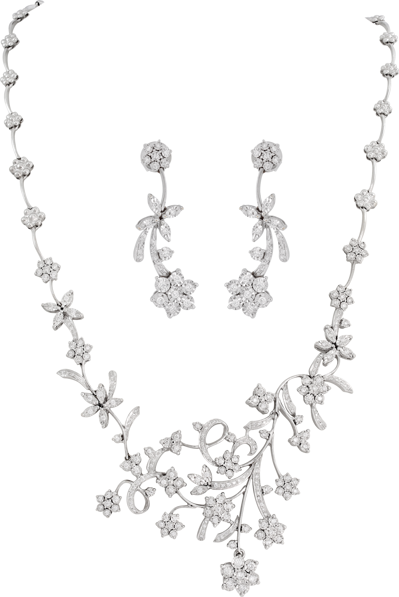 Floral cluster diamond necklace and earrings in 18k white gold Illusion set S521710