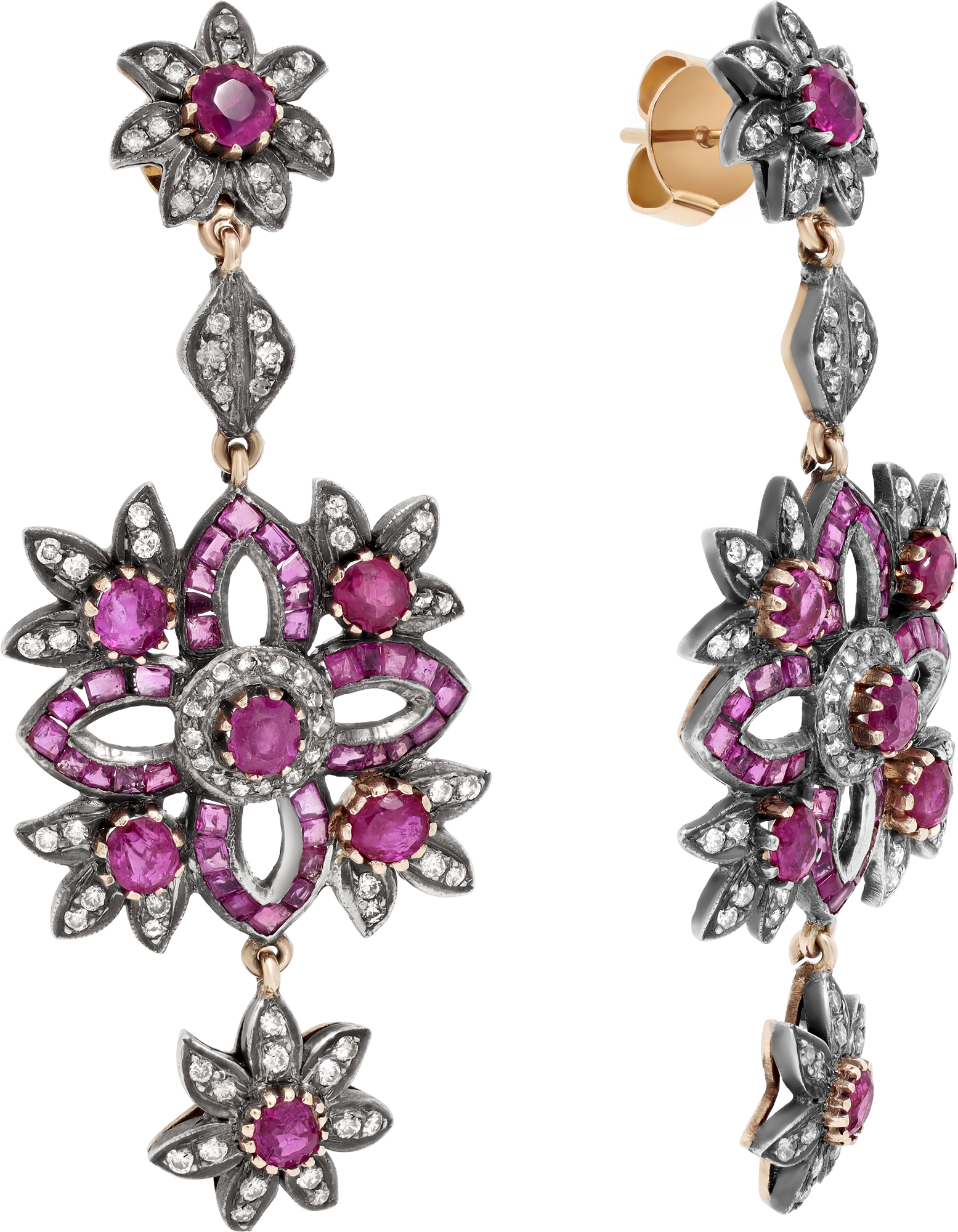Floral design earrings in silver and 14k yellow gold