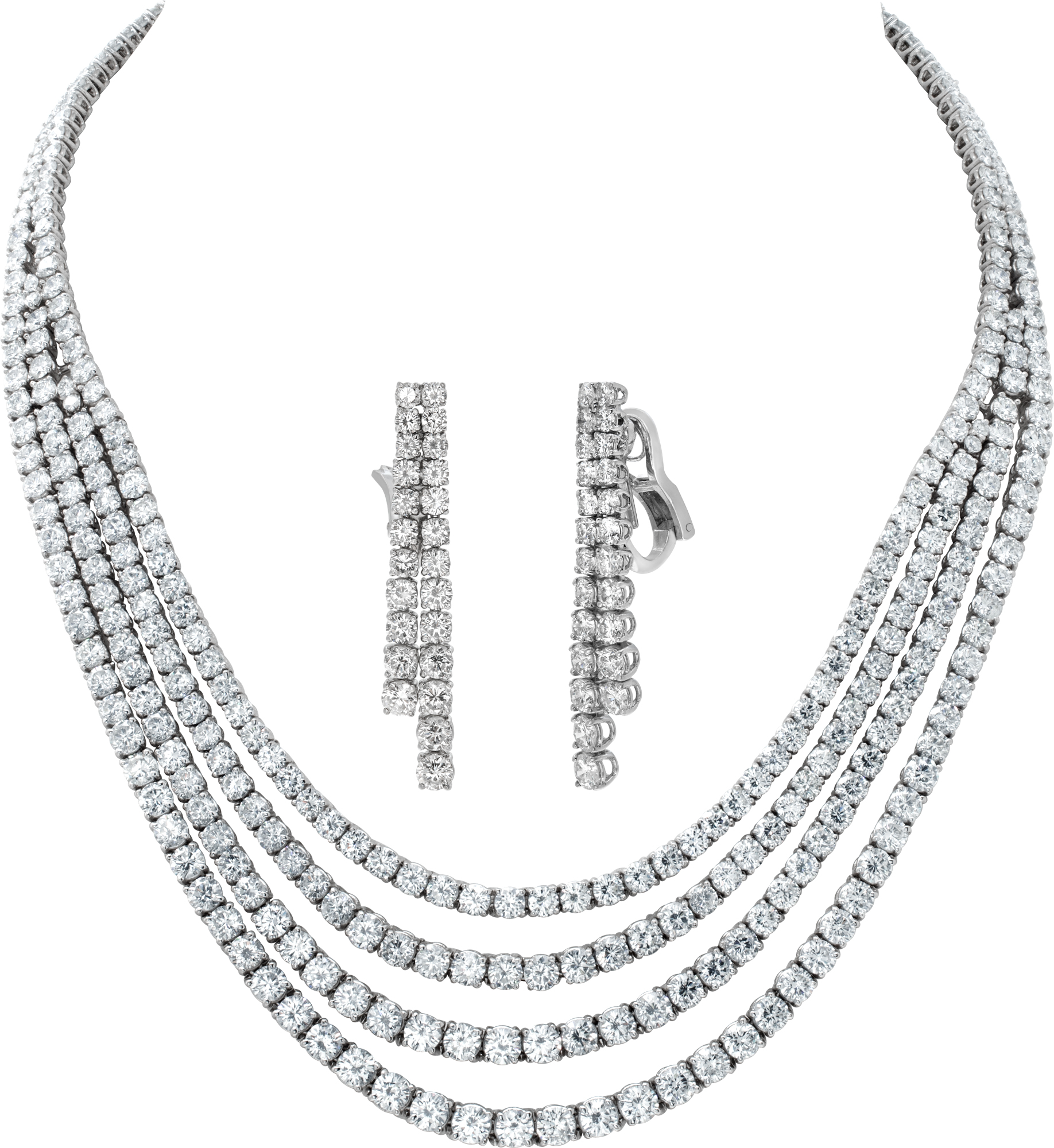 Four strand draping diamond necklace and dangling earring set in 18k white gold. S519957