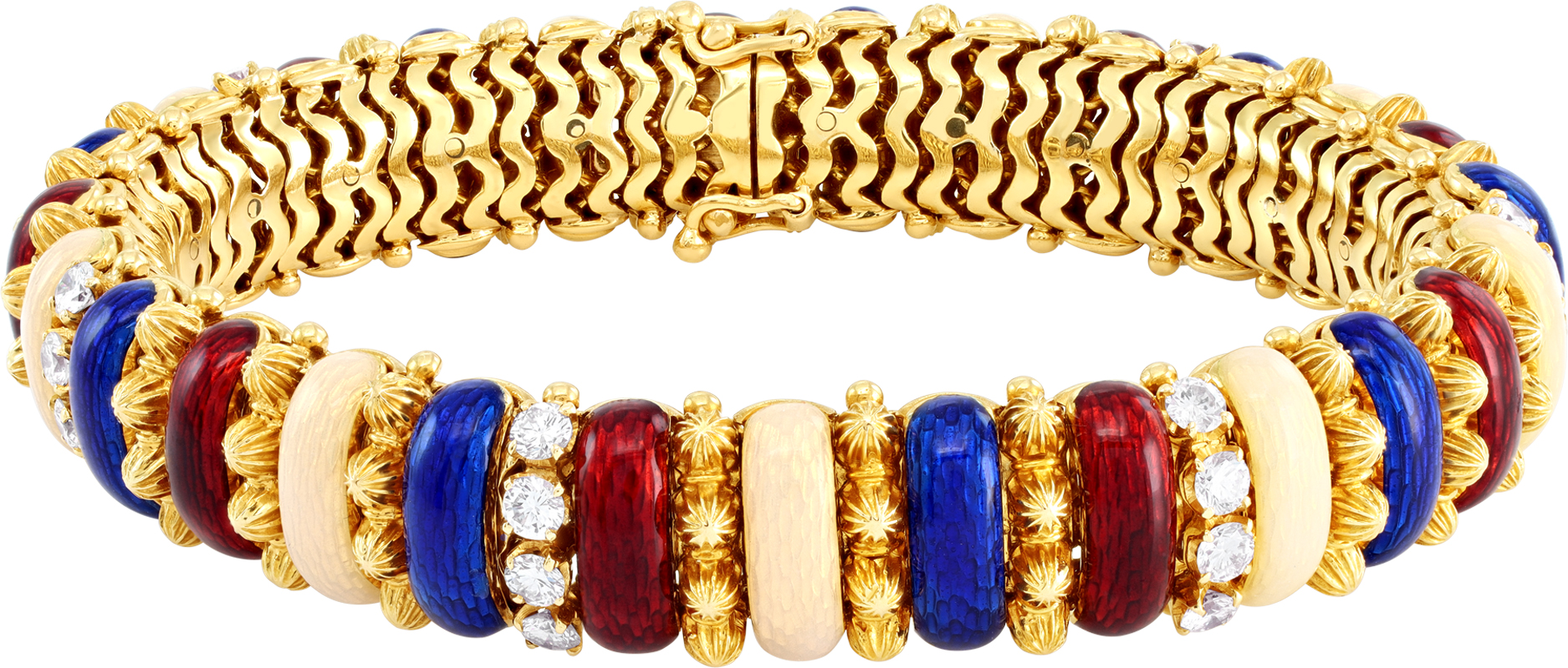 French European 18k yellow gold 3 colors enamel diamond bracelet S520859 