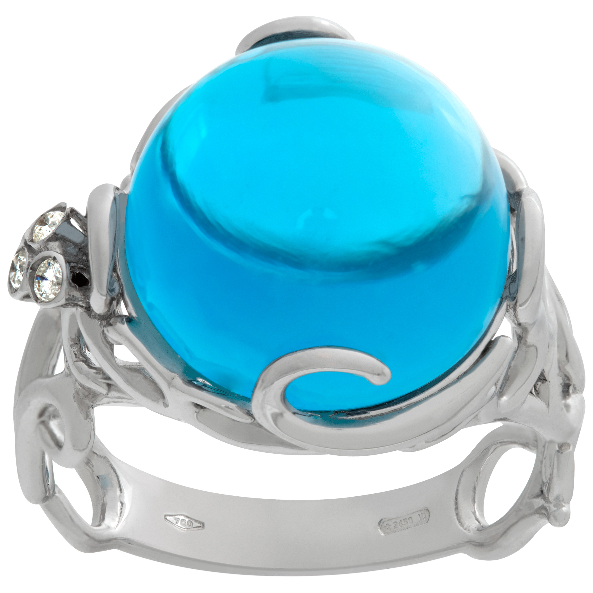 Funky Blue topaz ring in 18k white gold with diamond accents. Size 7.25.