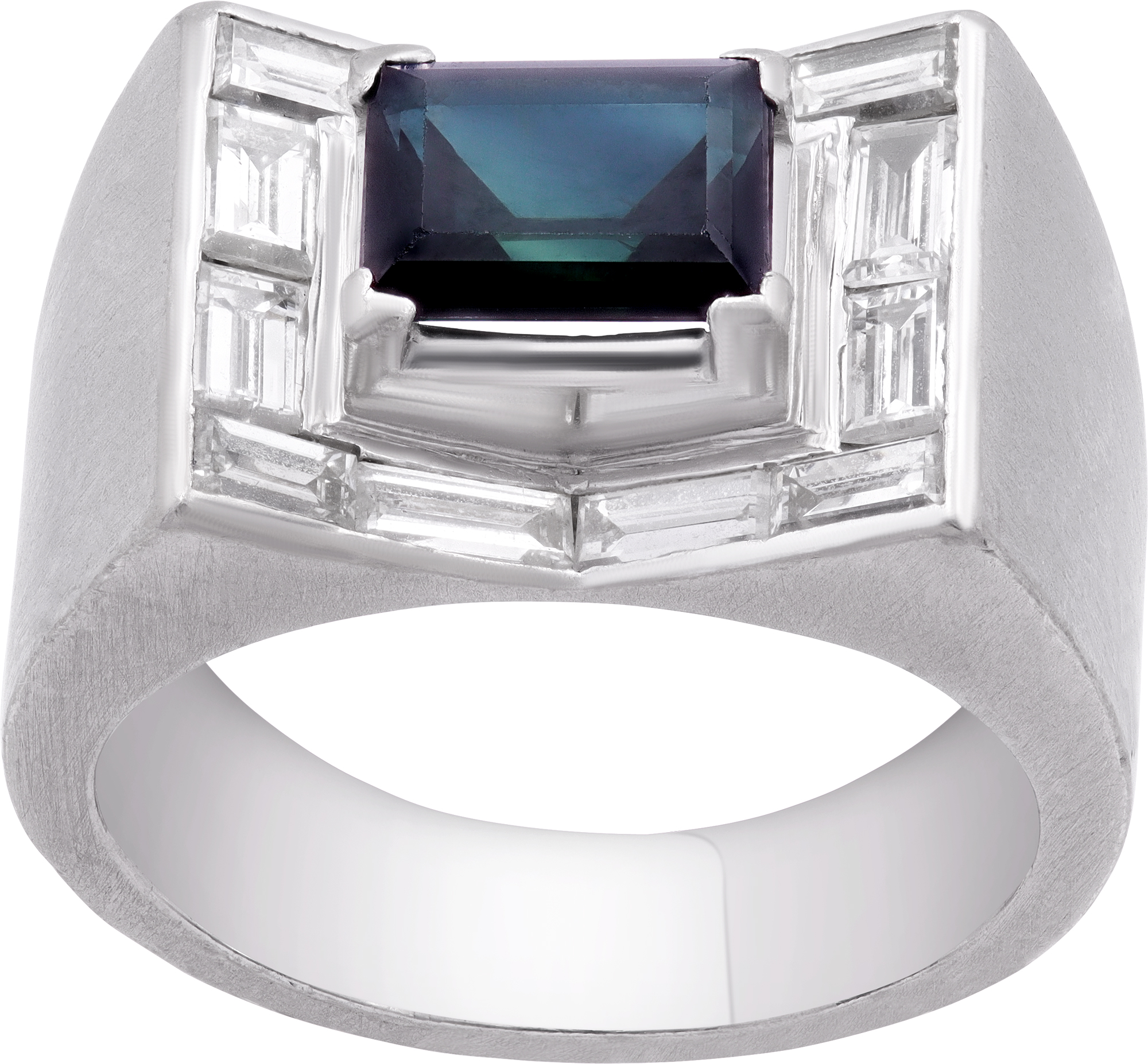 Gents ring with 1.5 cts in baguette diamonds with center deep blue sapphire S522013