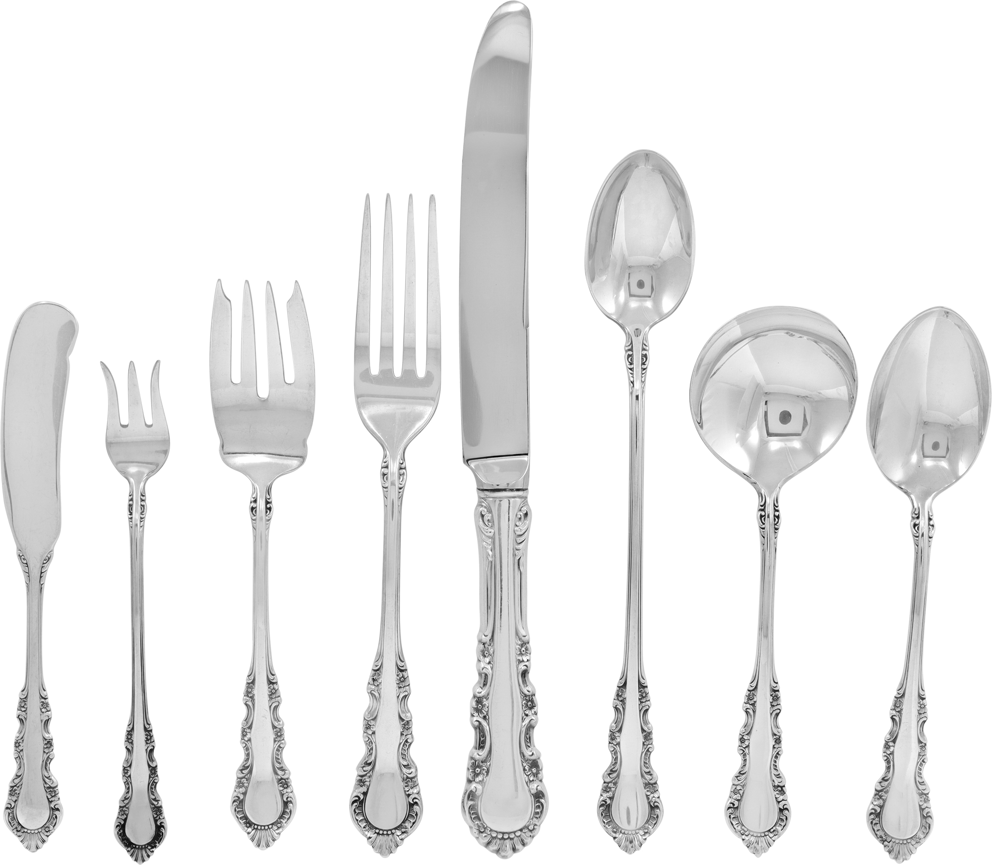 GEORGIAN ROSE sterling silver flatware set patented in 1941 by REED & BARTON. Total Pieces: 83.