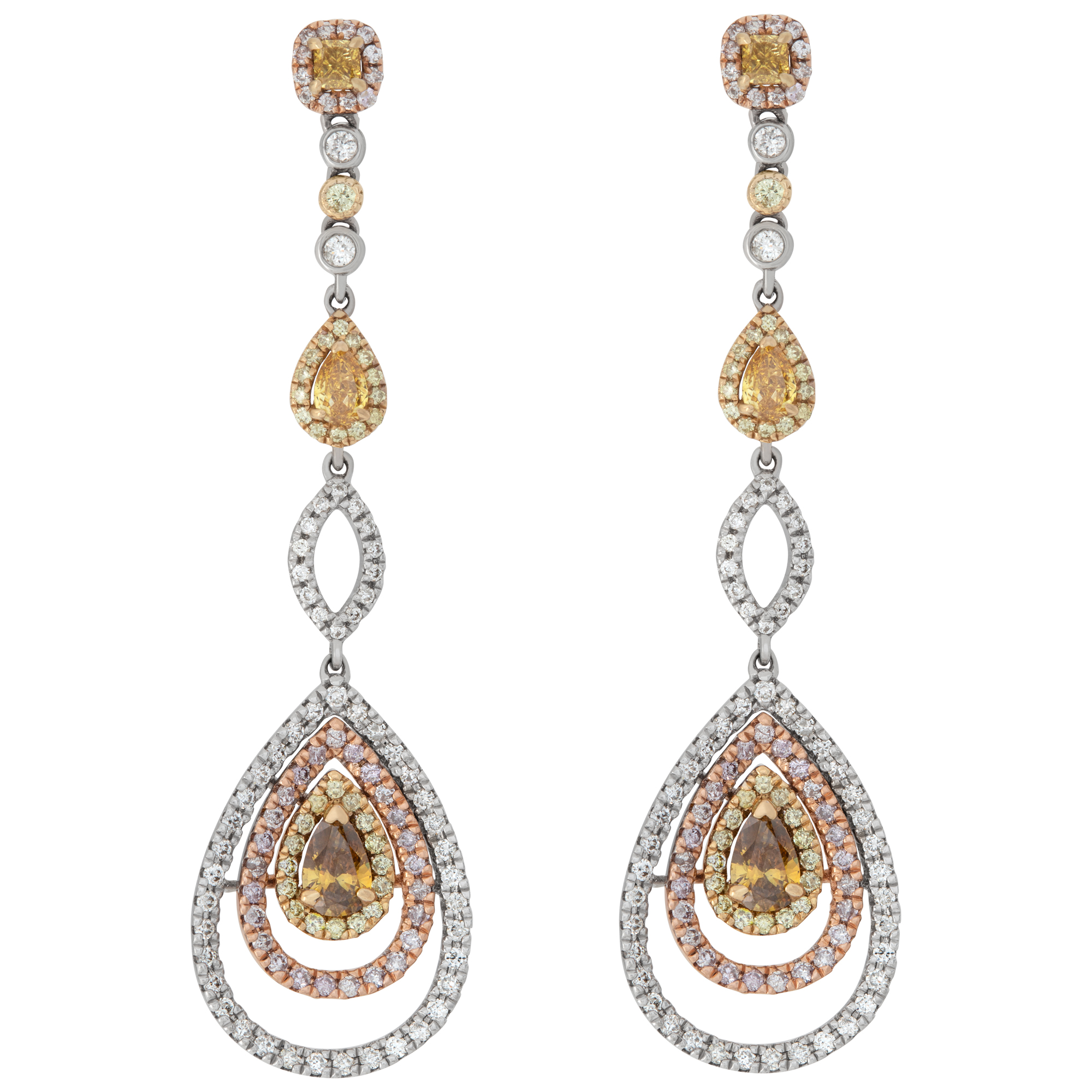 GIA certified diamond drop chandelier earrings in 14k white, yellow & pink gold GIA certified diamond drop chandelier earrings in 14k white, yellow & pink gold
