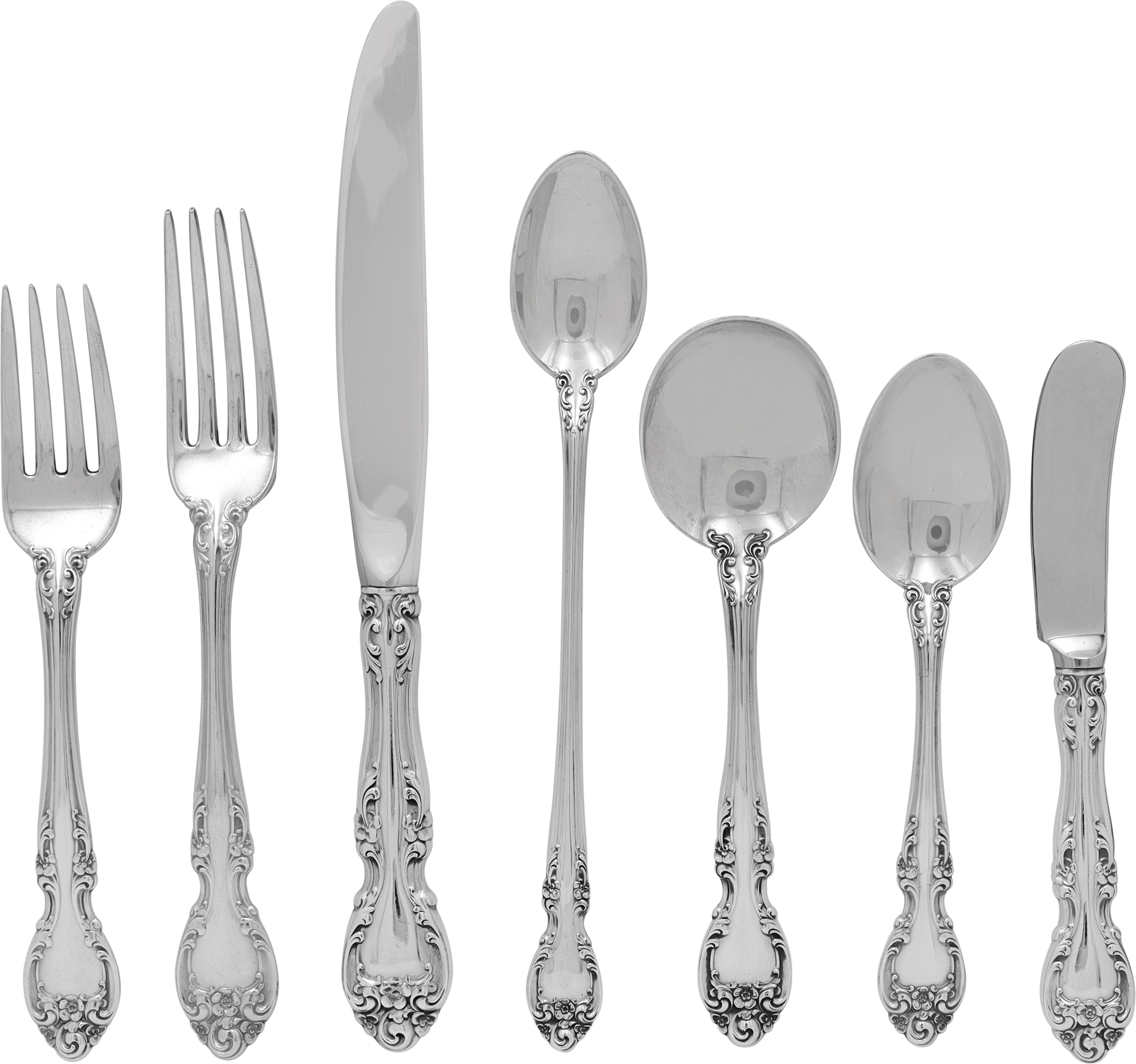 Gorham Melrose sterling silver Flatware set. 6 piece place setting for 12 plus 8 ice tea spoons and 7 serving pieces Gorham Melrose sterling silver Flatware set. 6 piece place setting for 12 plus 8 ice tea spoons and 7 serving pieces