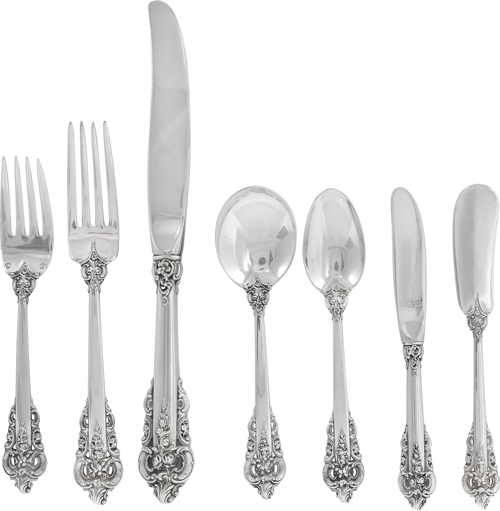 "GRANDE BAROQUE" Sterling Silver Flatware Set patented by Wallace in 1941. TOTAL: 123 pieces over 183 troy ounces of .925 sterling silver N518441 