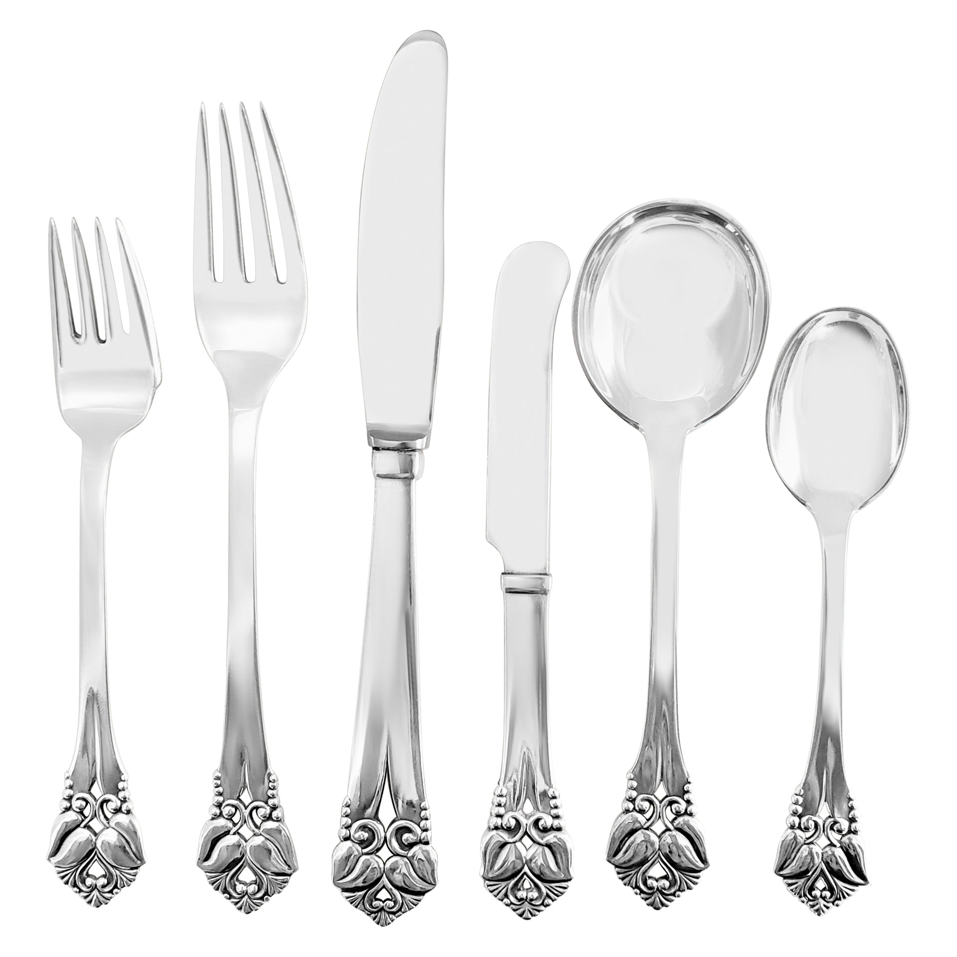 "GRETA" by Olga Morensen, Sterling silver flatware Set: 6 place settting for 12 + 10 Danish misc. serving pieces. 79 pieces. Over 128 troy ounces,.925 Danish sterling silver.