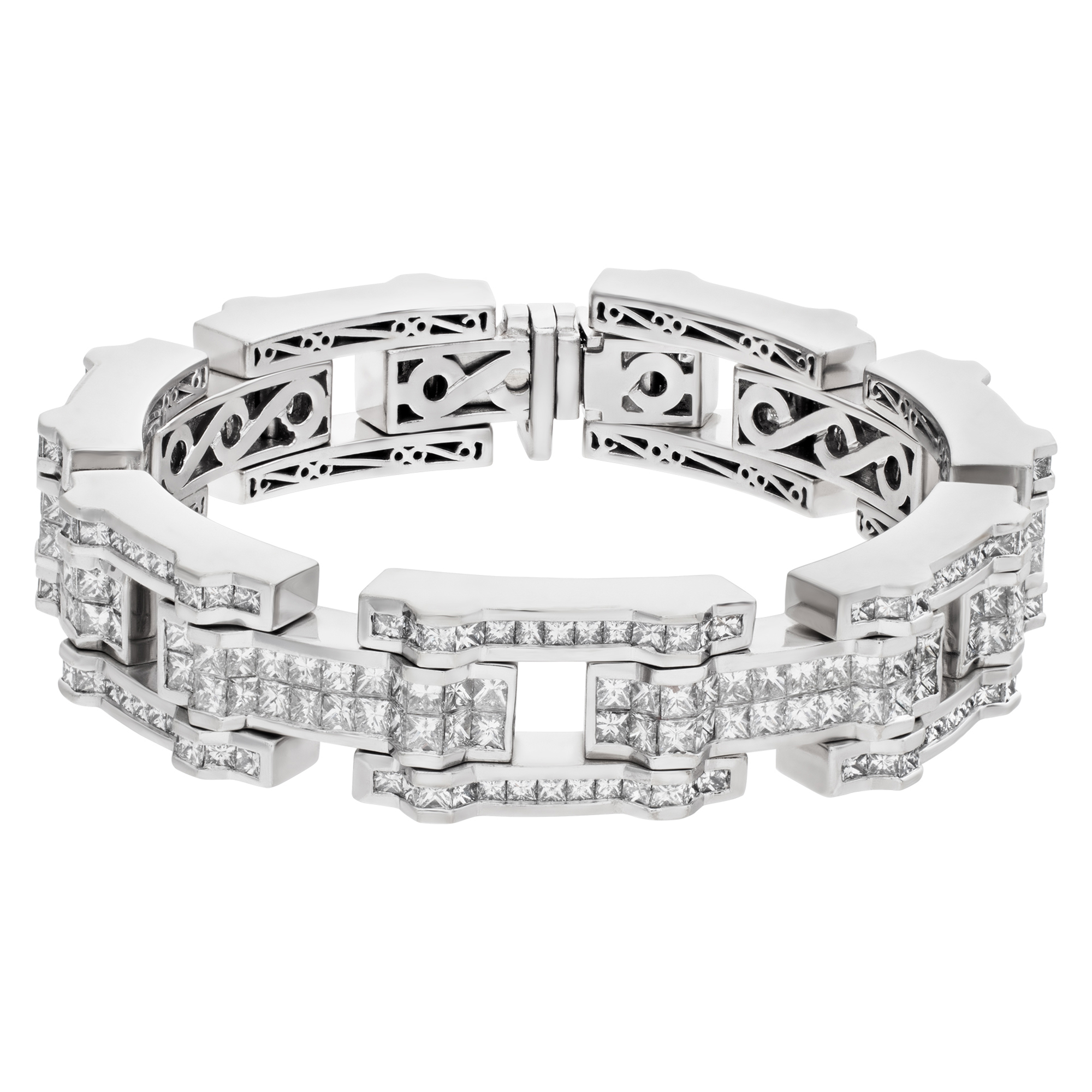 Solid diamond bracelet in 18K white gold. Invisible channel set princess cut diamonds total approx.weight: 17.50 carats, 7.75 inches long.