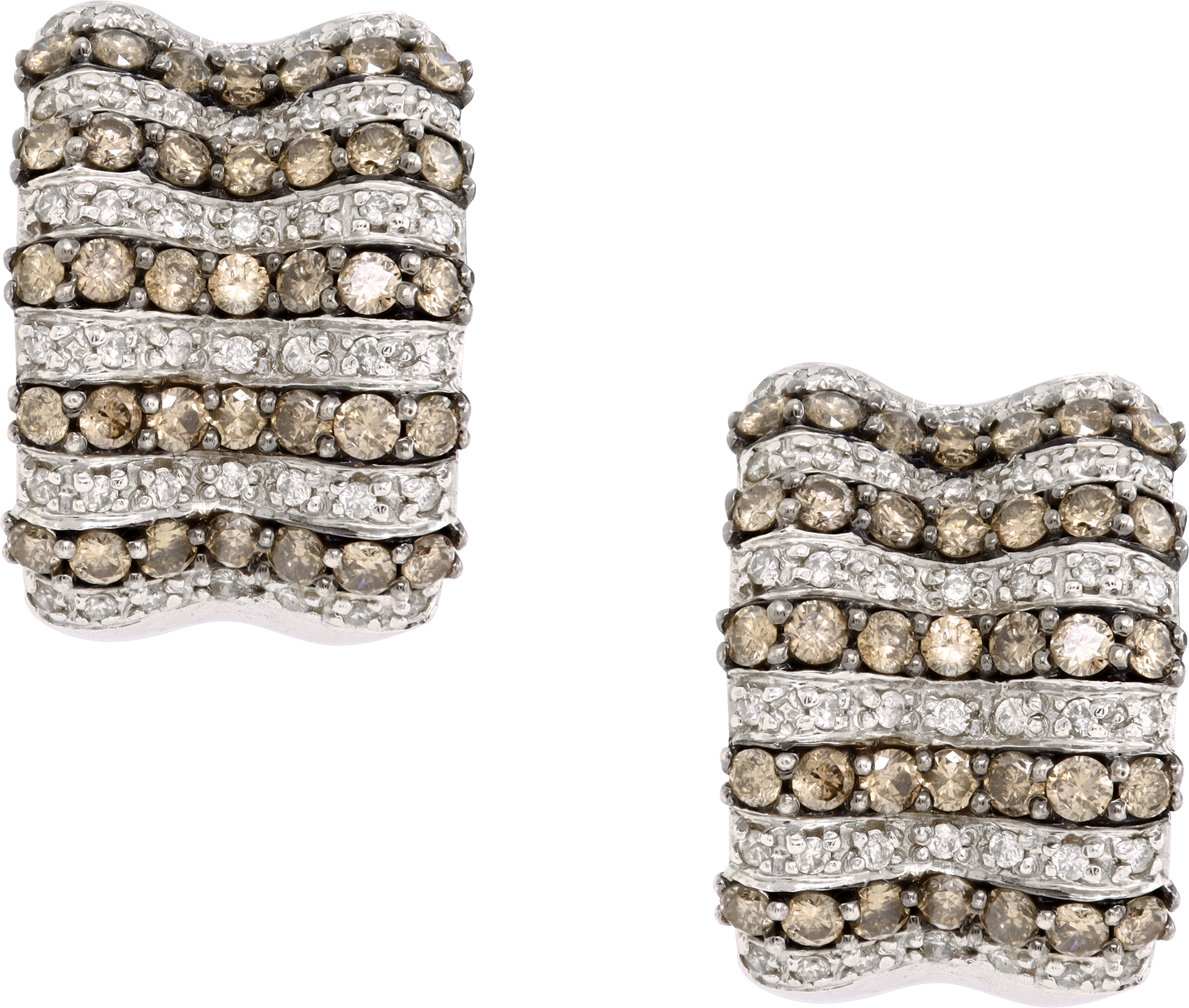 Huggie diamond earrings in 14k white gold alternating rows of brown and white diamonds S521792