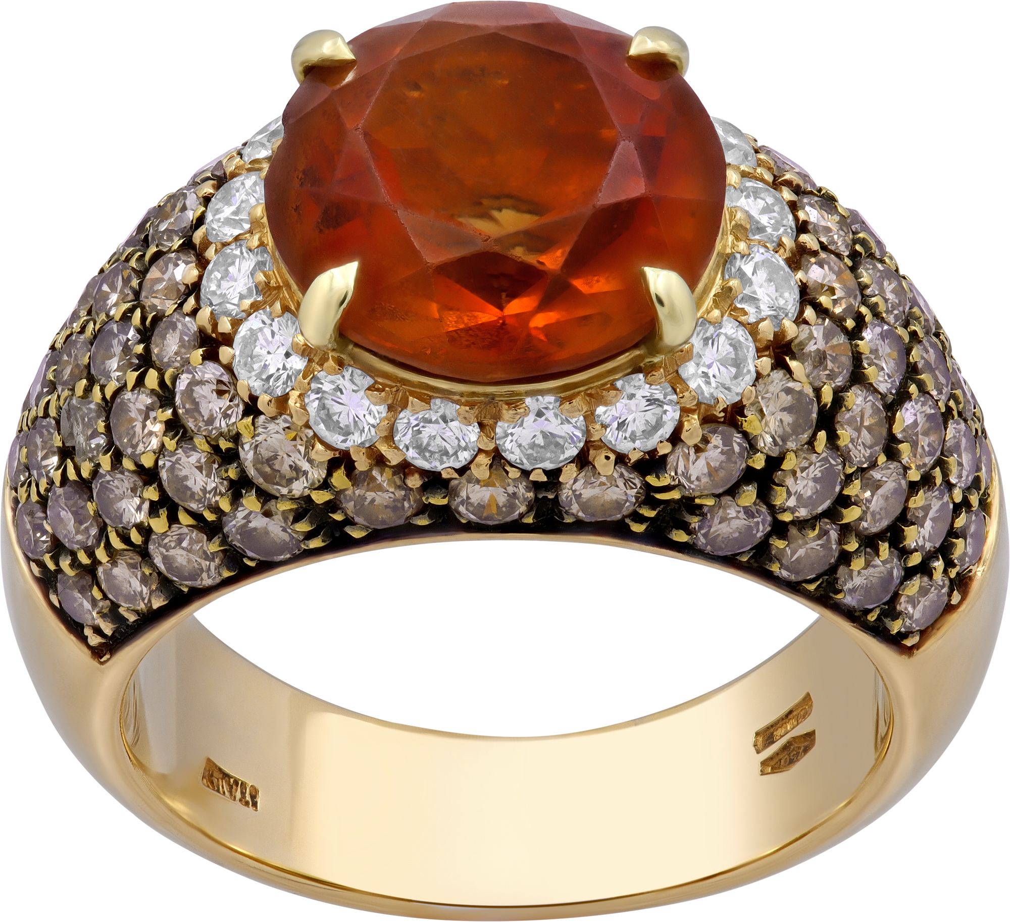 Imperial Orange Topaz ring in 18k yellow gold with white and champagne diamonds
