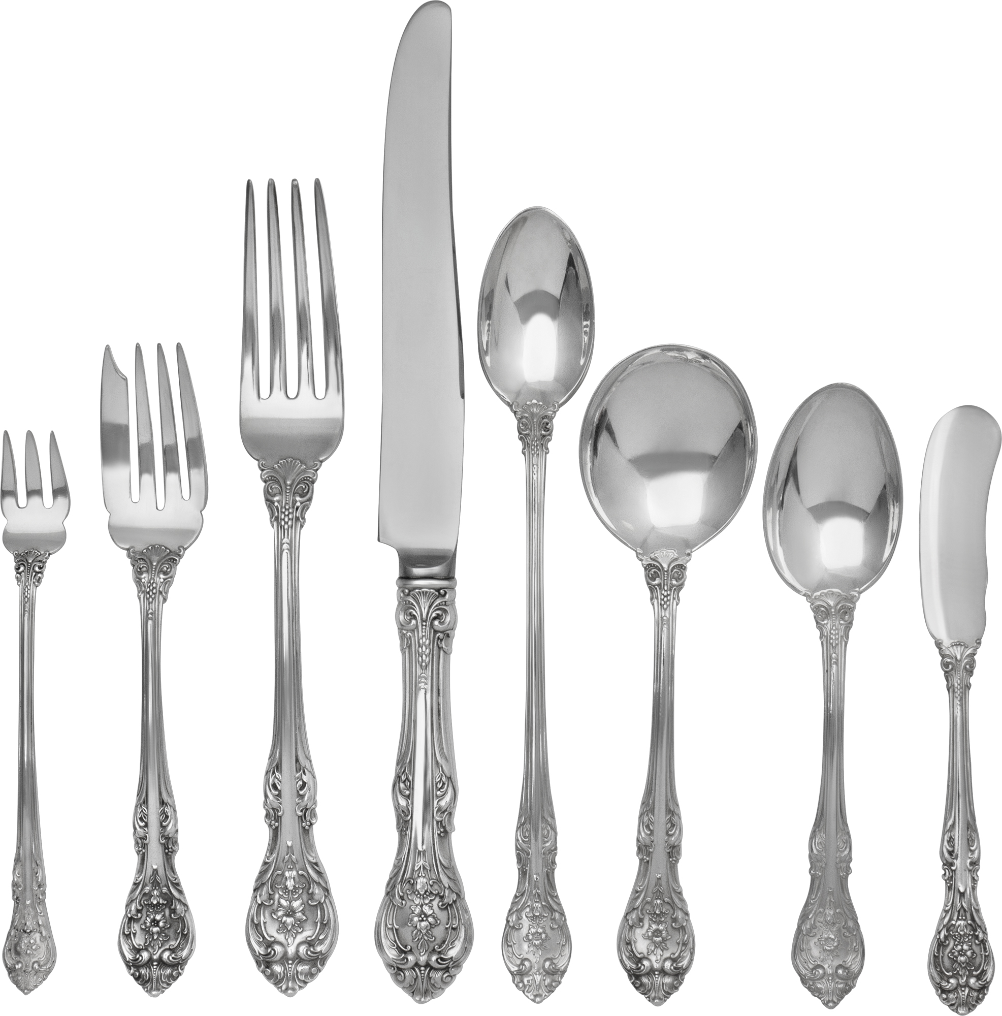 KING EDWARD Sterling Silver Flatware set patented in 1936 by Gorham- TOTAL: 111 PIECES- 8 place setting for 10 + 5 serving pieces