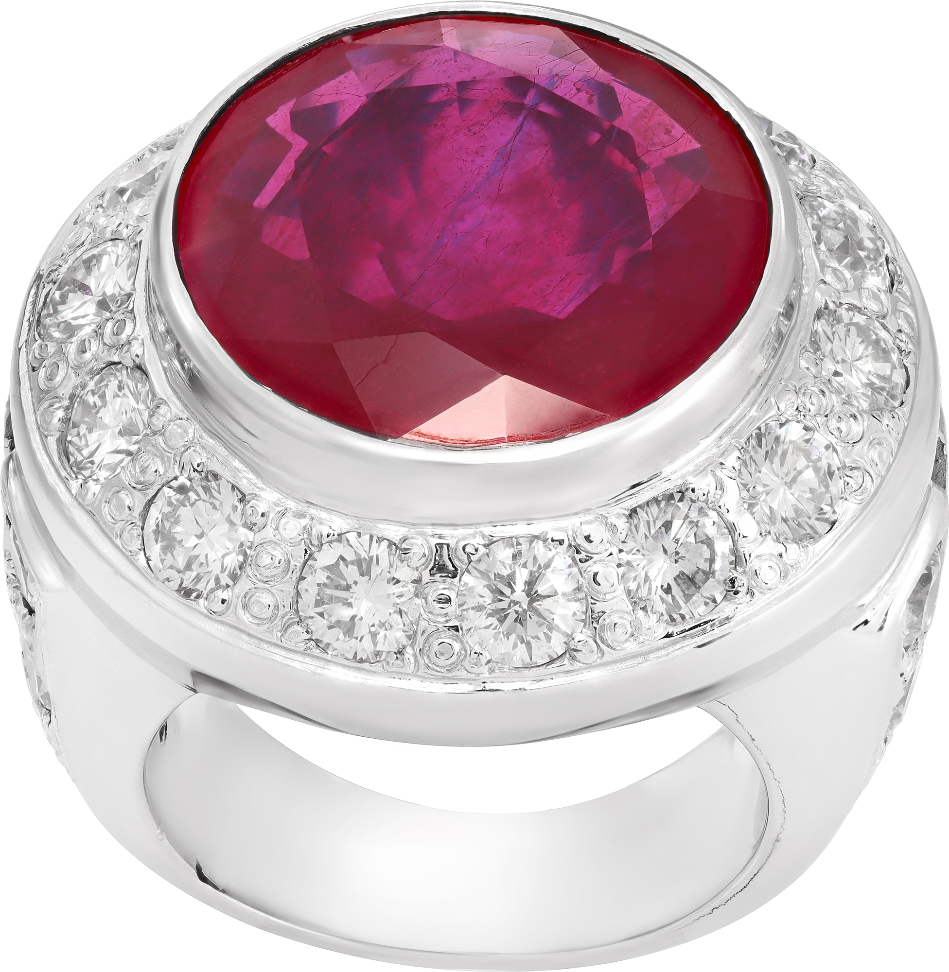 Large and colorful composite filled ruby and diamond ring in 18k white gold surrounded by approximately 5.20 carats round brilliant cut S516163
