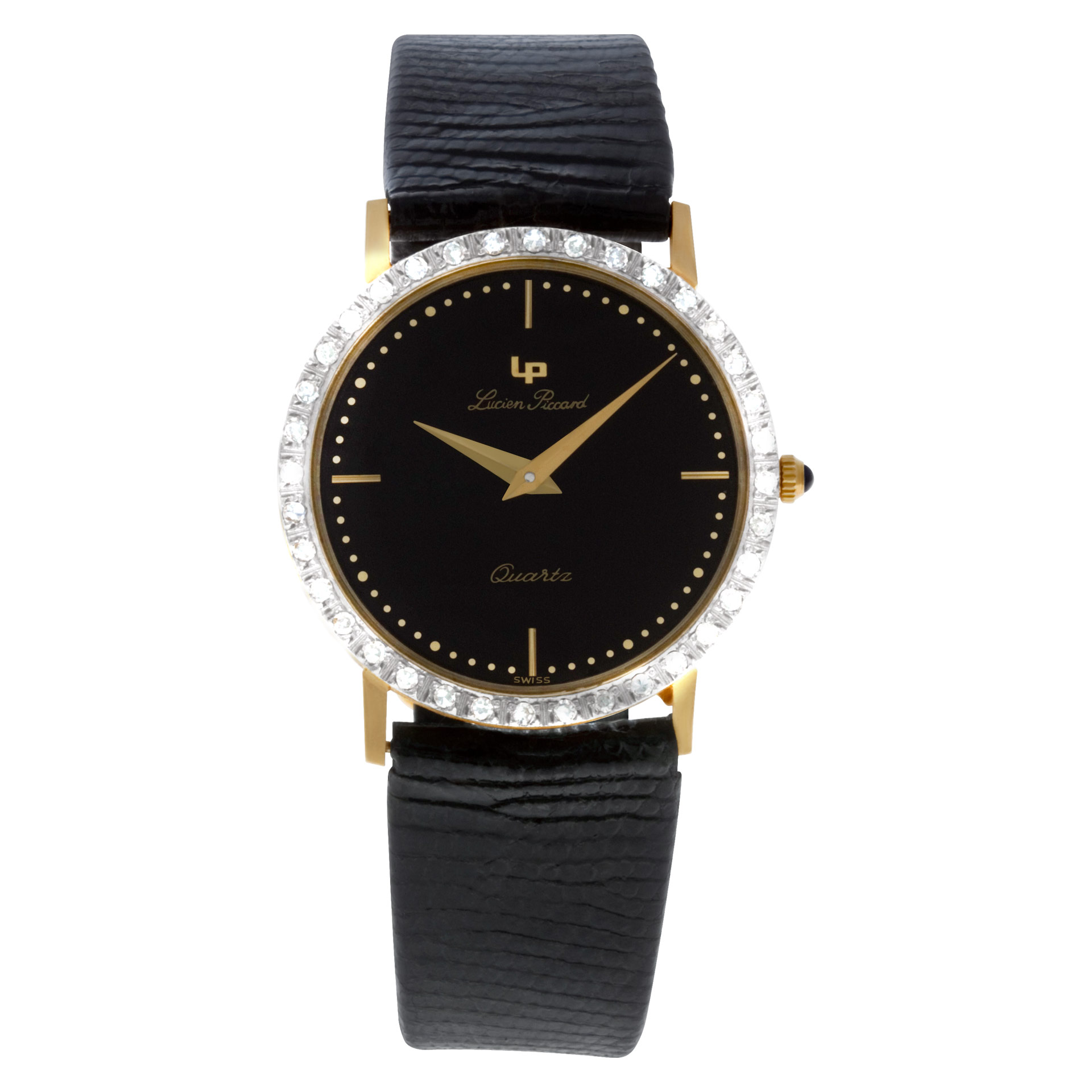 Lucien Piccard Diamond watch, black leather strap Lucien Piccard 14K Gold & Diamond Vintage Ladies Wristwatch  main image 3