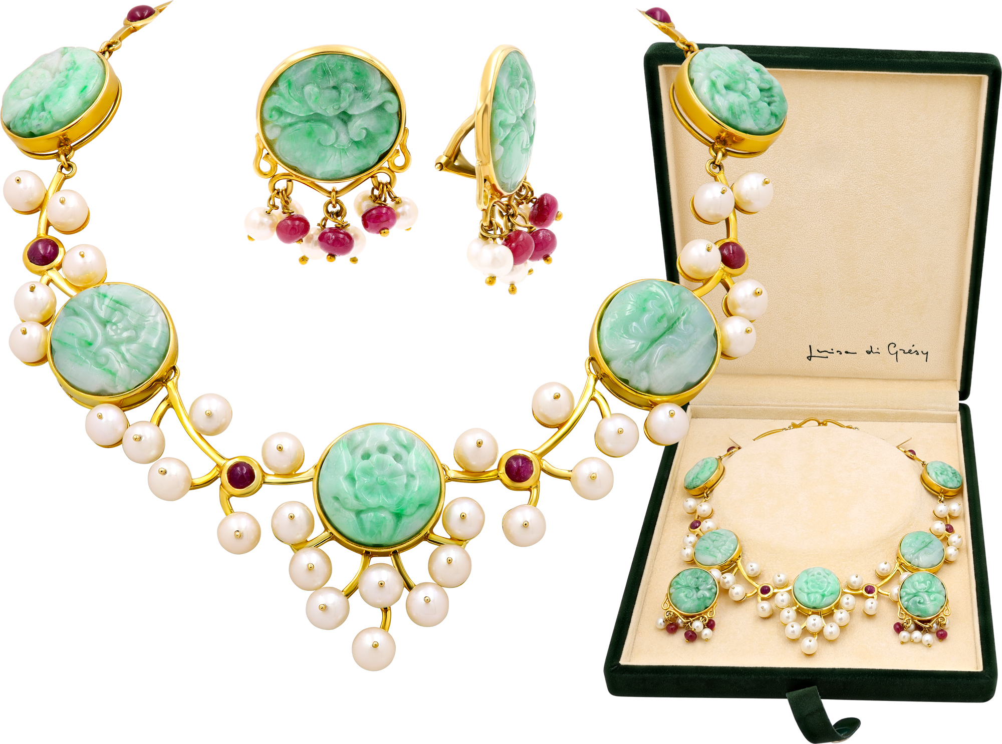Luisa Di Gresy Collar Necklace With Matching Earrings With Carved Green Jades In 18k Yellow Gold S522319 \_p