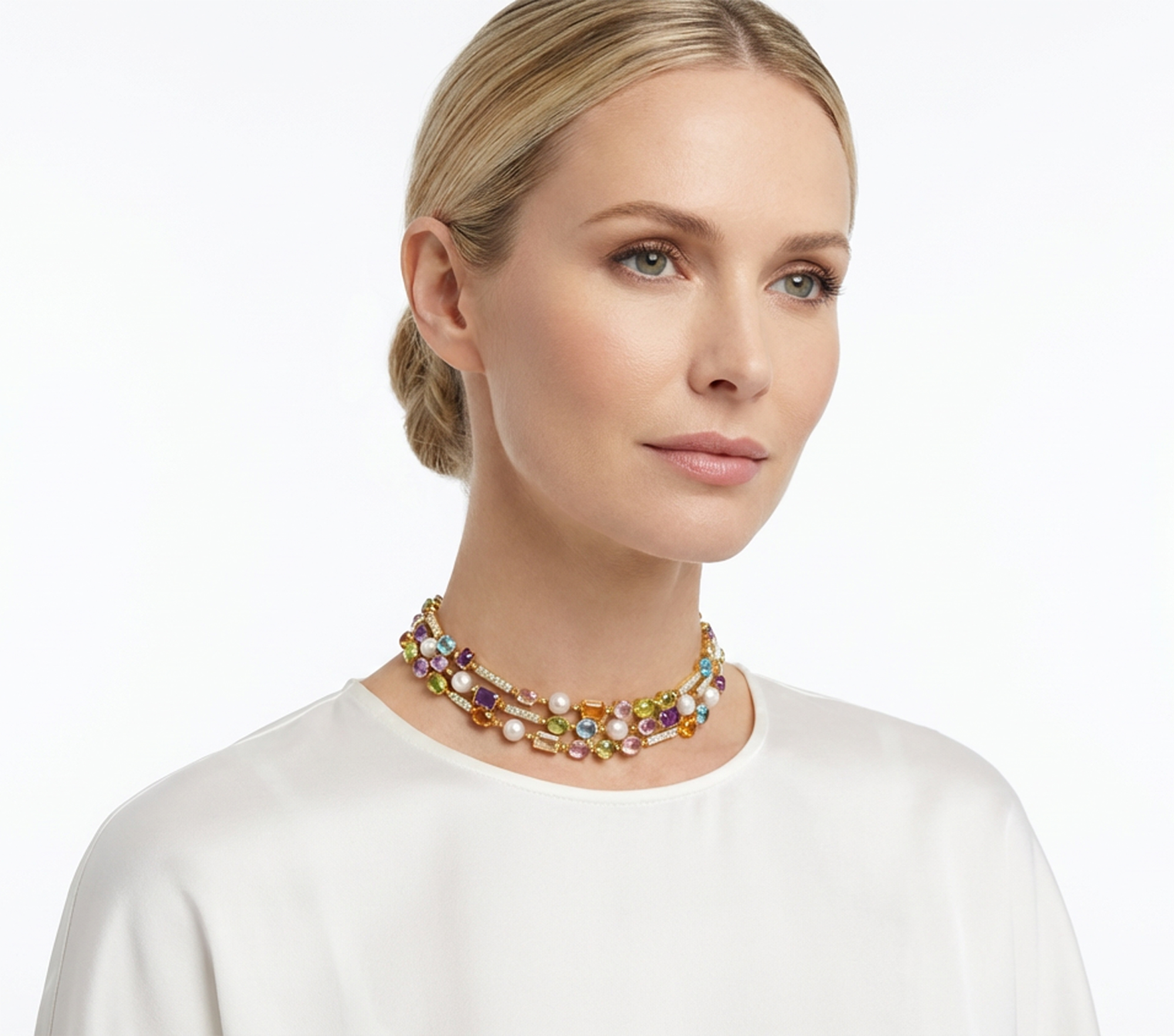 Multi-Color Gemstones, Diamond and Pearl Chocker Necklace