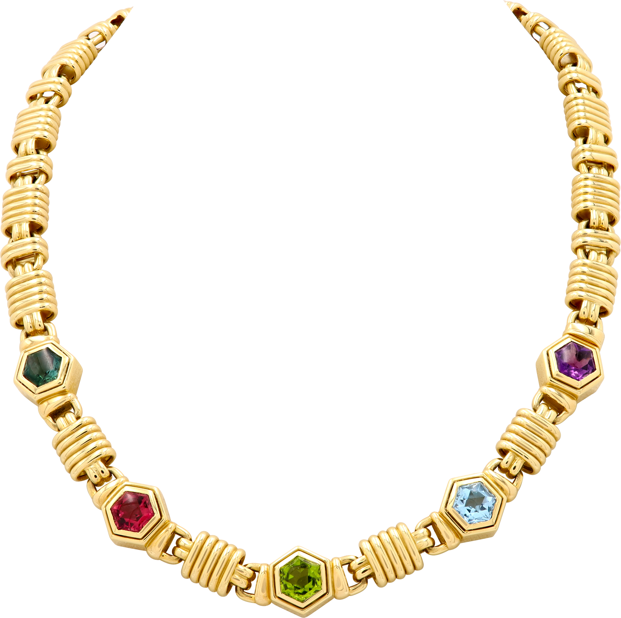 Multi-Colored Gemstone Hexagonal Necklace in 18K Yellow Gold