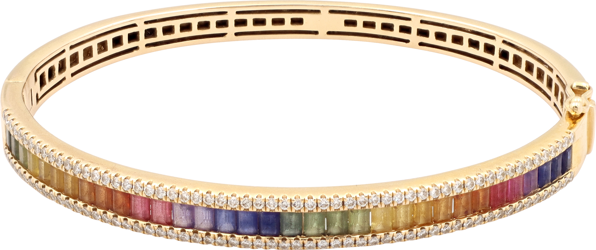 Multicolored sapphire and diamond bangle bracelet 18k yellow gold with 33 baguette-cut multicolored sapphires Multicolored sapphire and diamond bangle bracelet 18k yellow gold with 33 baguette-cut multicolored sapphires