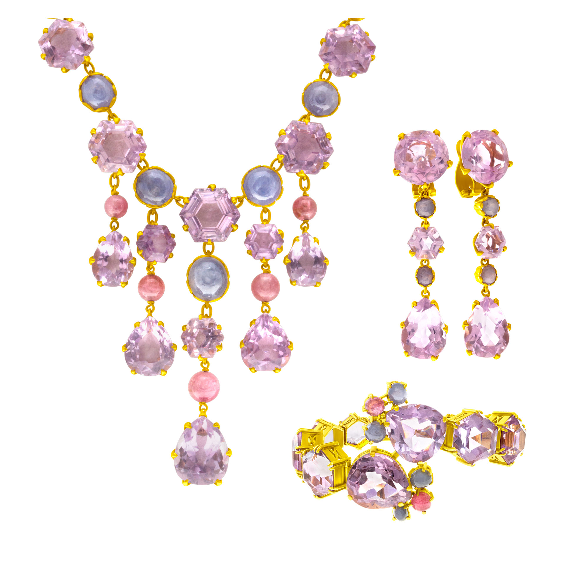 Necklace, bracelet and earrings parure, set in 18k yellow gold, w/ pink tourmaline