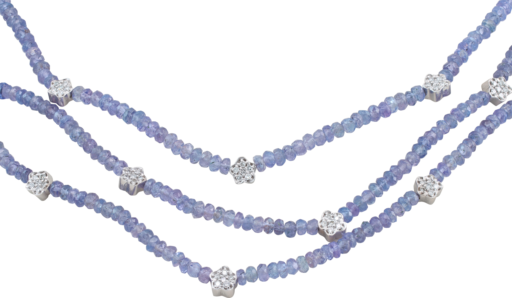 Necklace with 3 rows of faceted amethysts beads with pave diamond stars set in 14k white gold