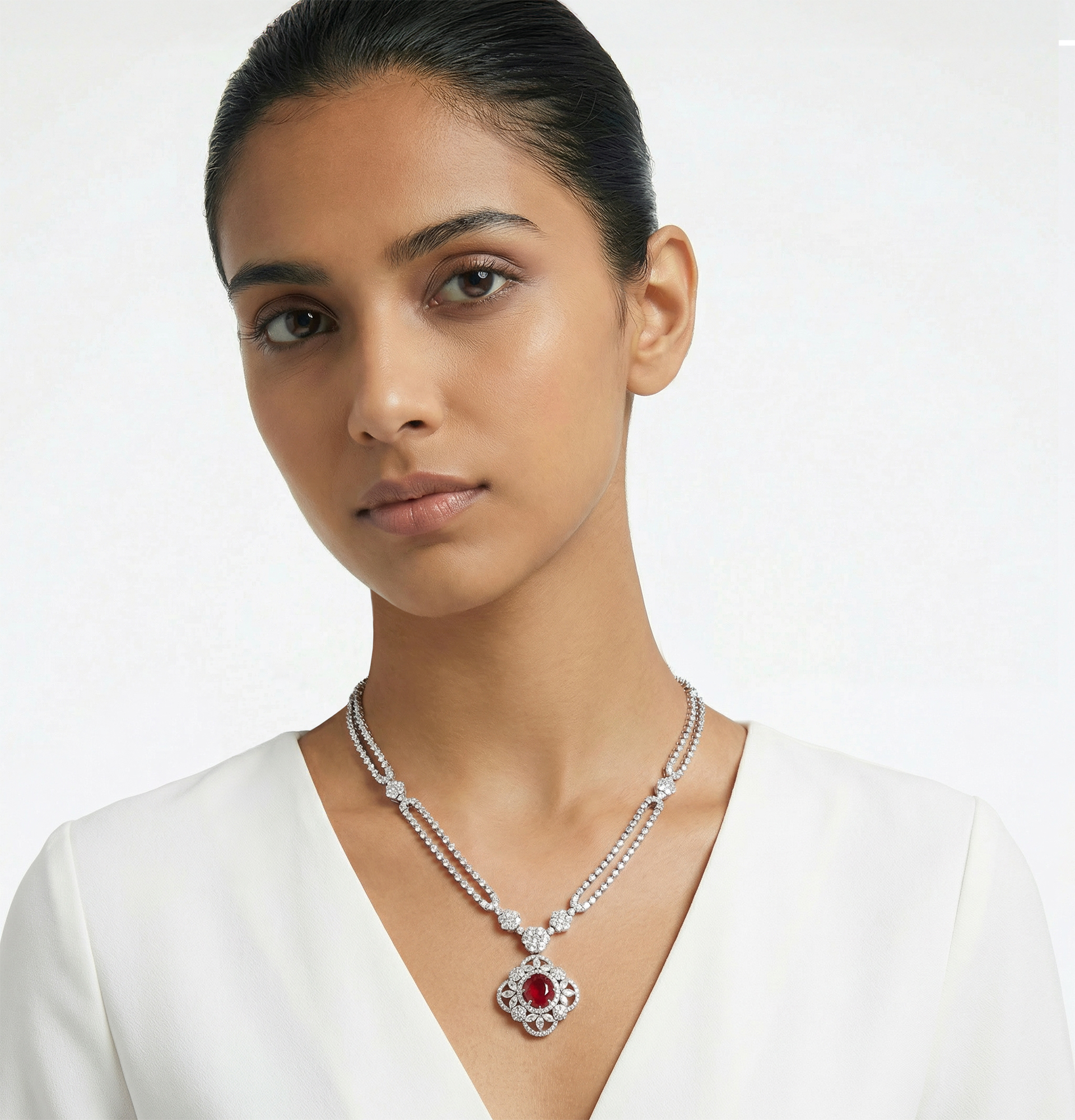 NEW Diamond and Ruby Necklace in 18k white gold