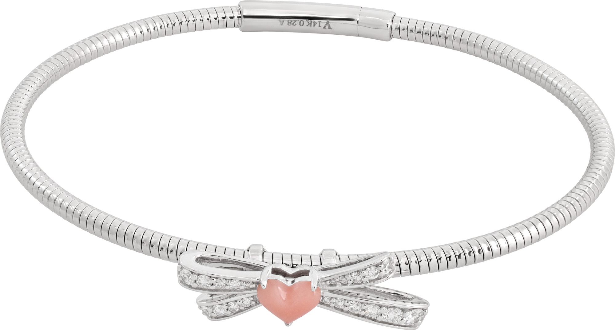 NEW Diamond Bangle in 14k white gold with bow design and pink enamel heart