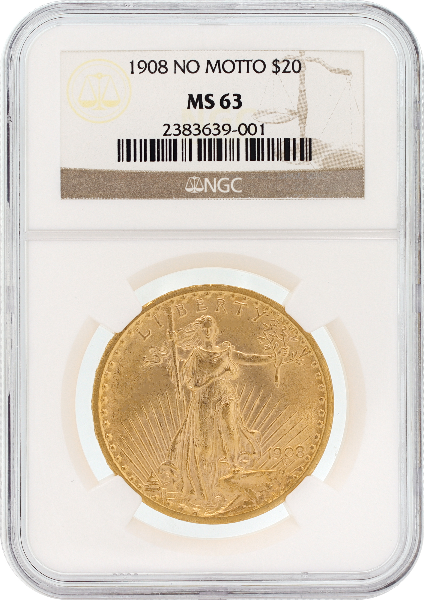 NGC graded and authenticated MS63 1908 $20 U.S. Saint-Gaudens Double Eagle gold coin N518658