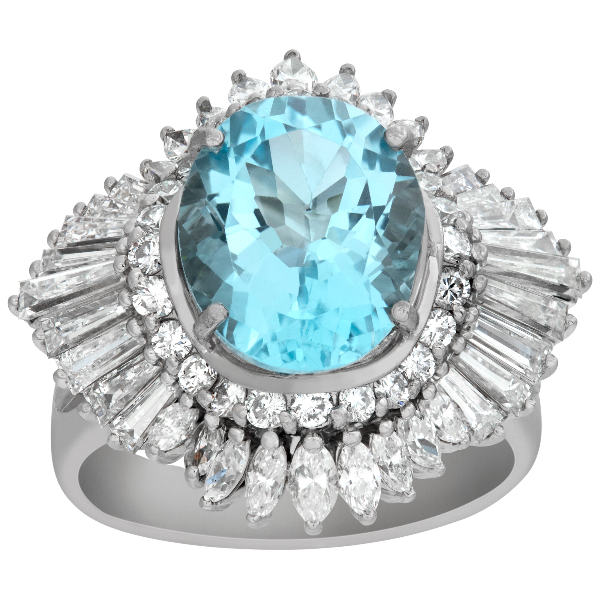 Oval Blue Topaz ring 2.5 cts in baguette round & marquis diamonds in platinum setting