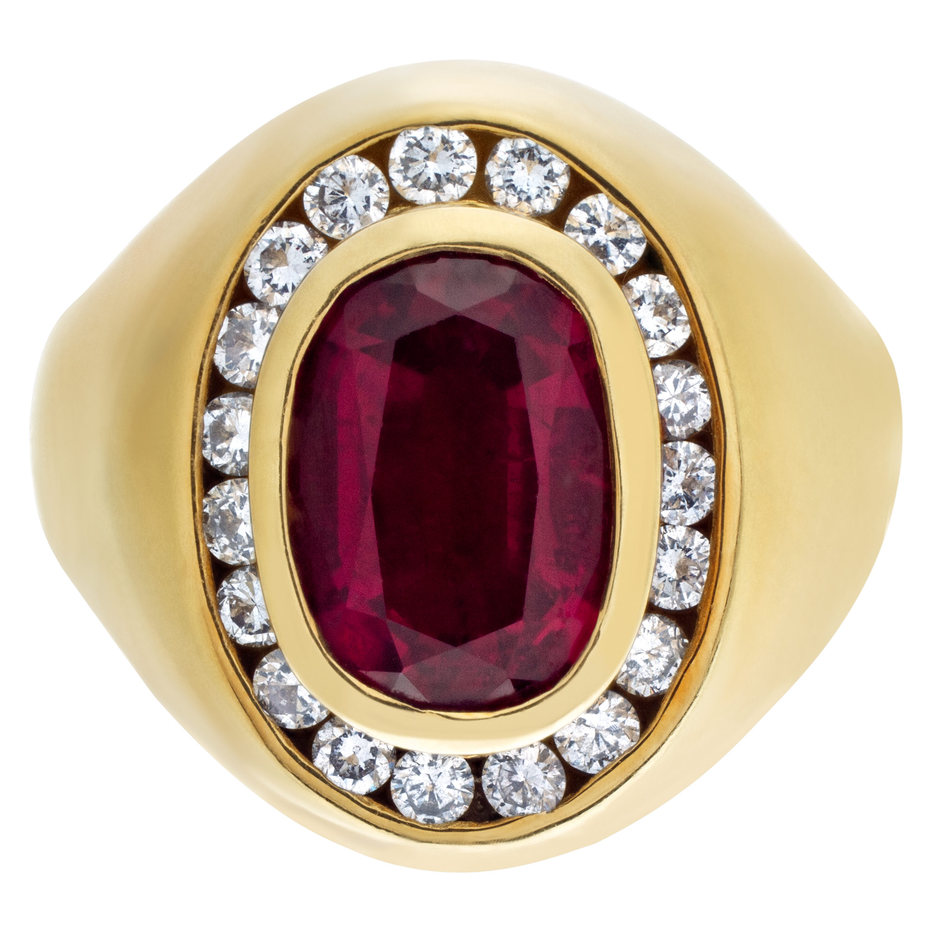 Oval ruby ring with diamond accents in 18k yellow gold