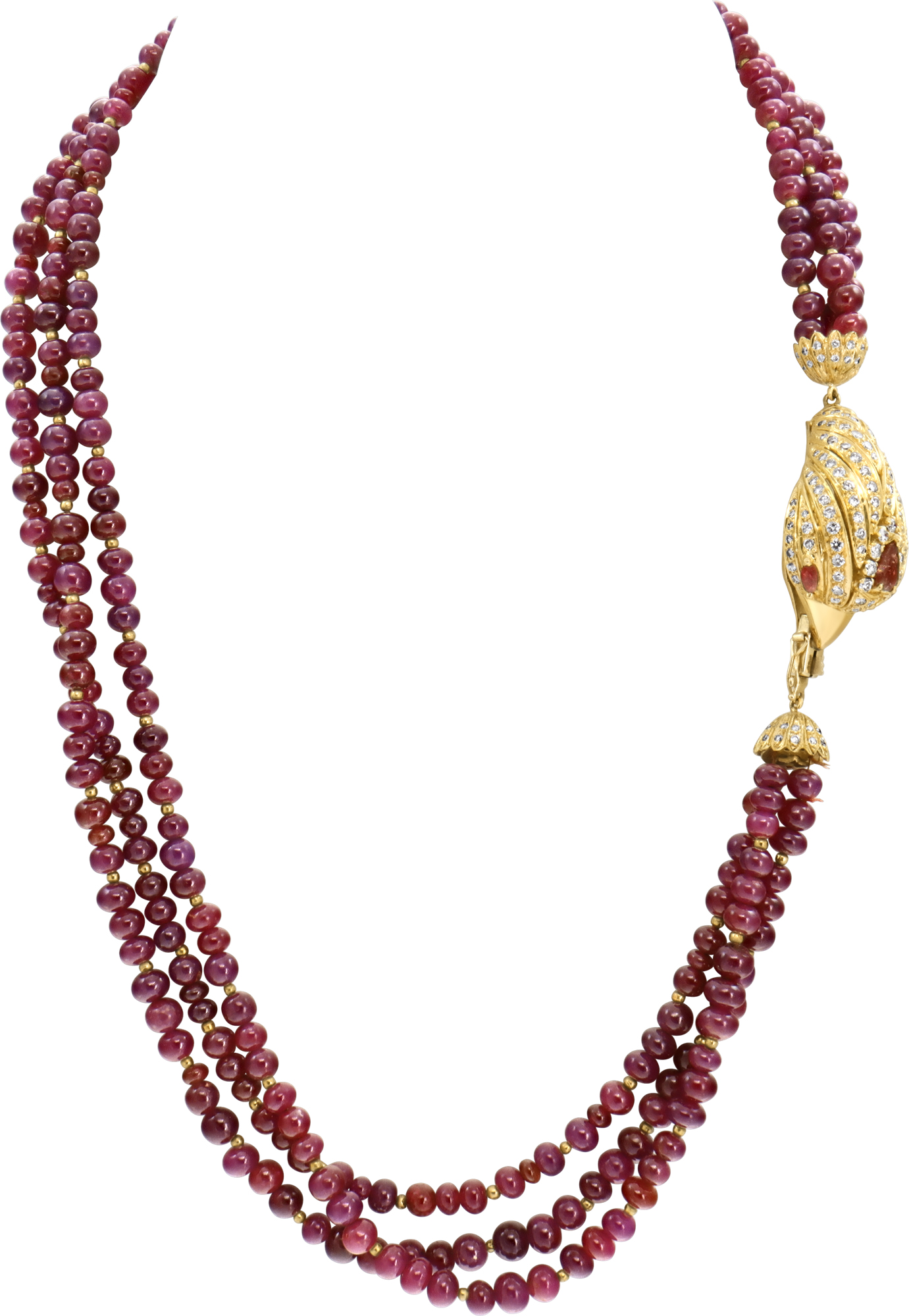 Diamonds and ruby beads necklace in 18k yellow gold. Round brilliant diamonds total approx. weight: 2.00 carats, Diamonds and ruby beads necklace in 18k yellow gold. Round brilliant diamonds total approx. weight: 2.00 carats,