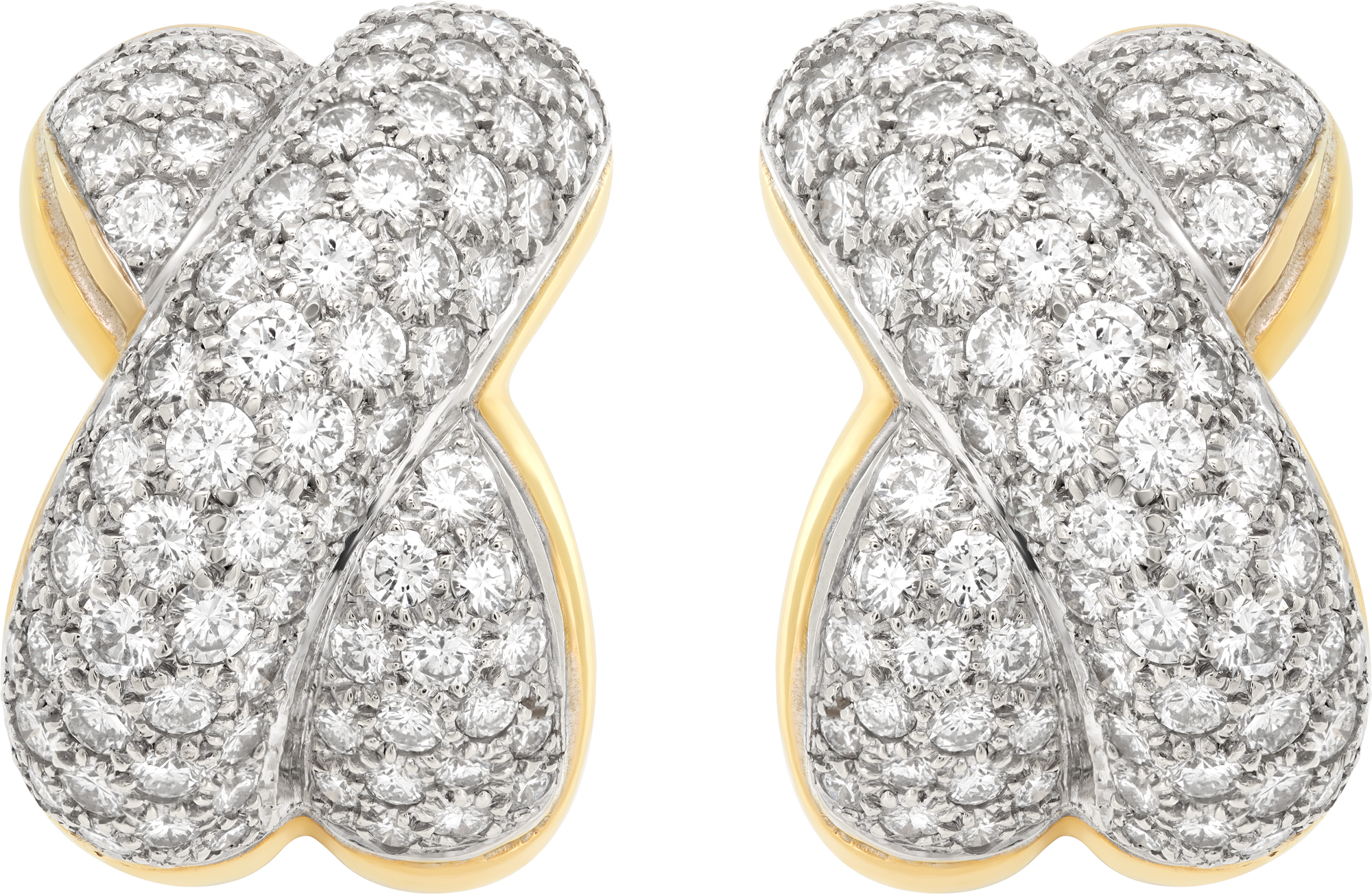 Pave Diamonds kiss "X" earrings set in 18K white & yellow gold. Round brilliant cut diamonds total approx. weight: 8.00 carats