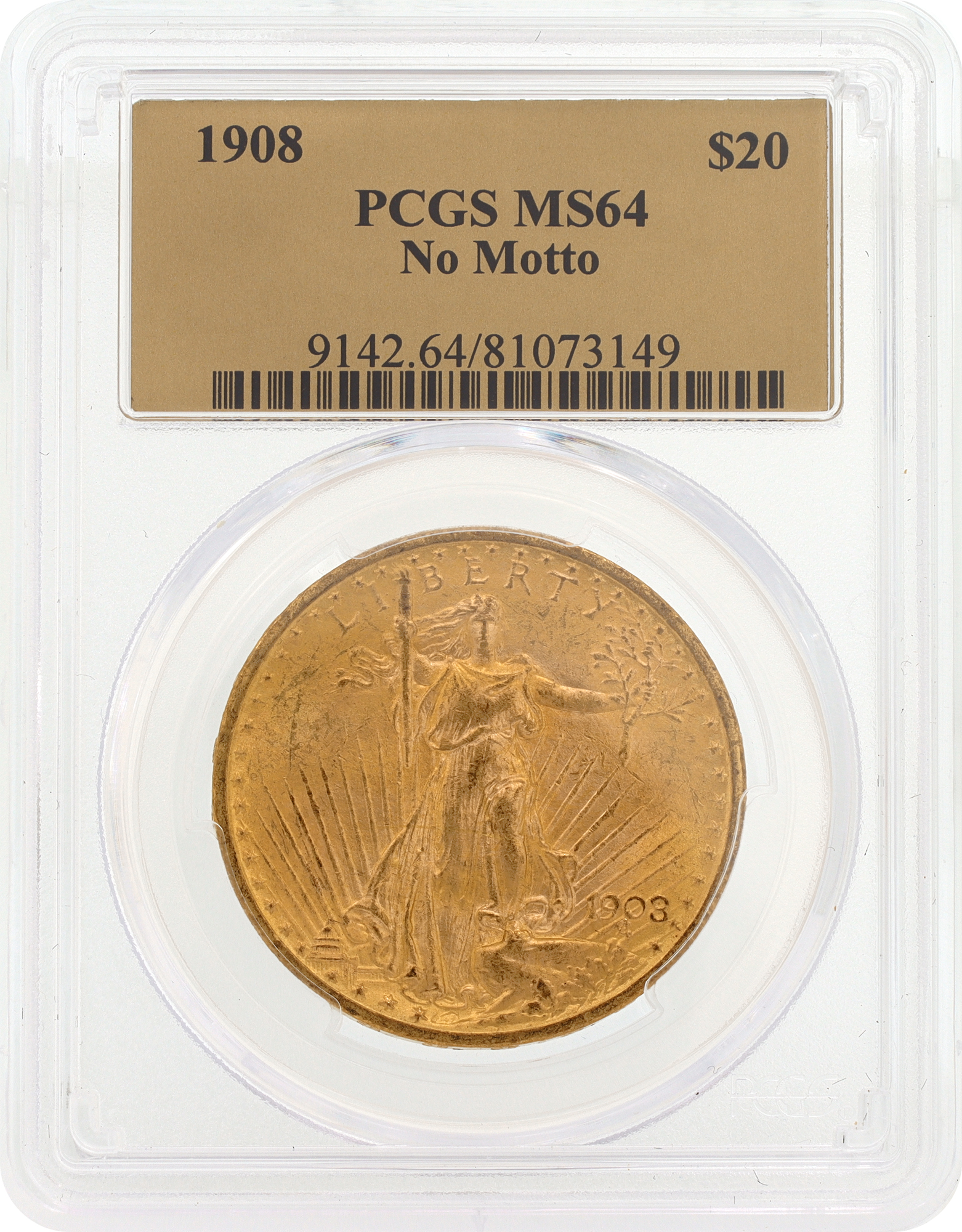 PCGS graded and authenticated MS64 1908 U.S. $20 Saint-Gaudens Double Eagle gold coin N518659