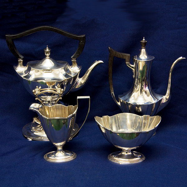 PLYMOUTH,  4 pieces chocolate and water kettle sterling silver set, patented in 1911 by Gorham- Over 65 troy ounces of Sterling Silver-