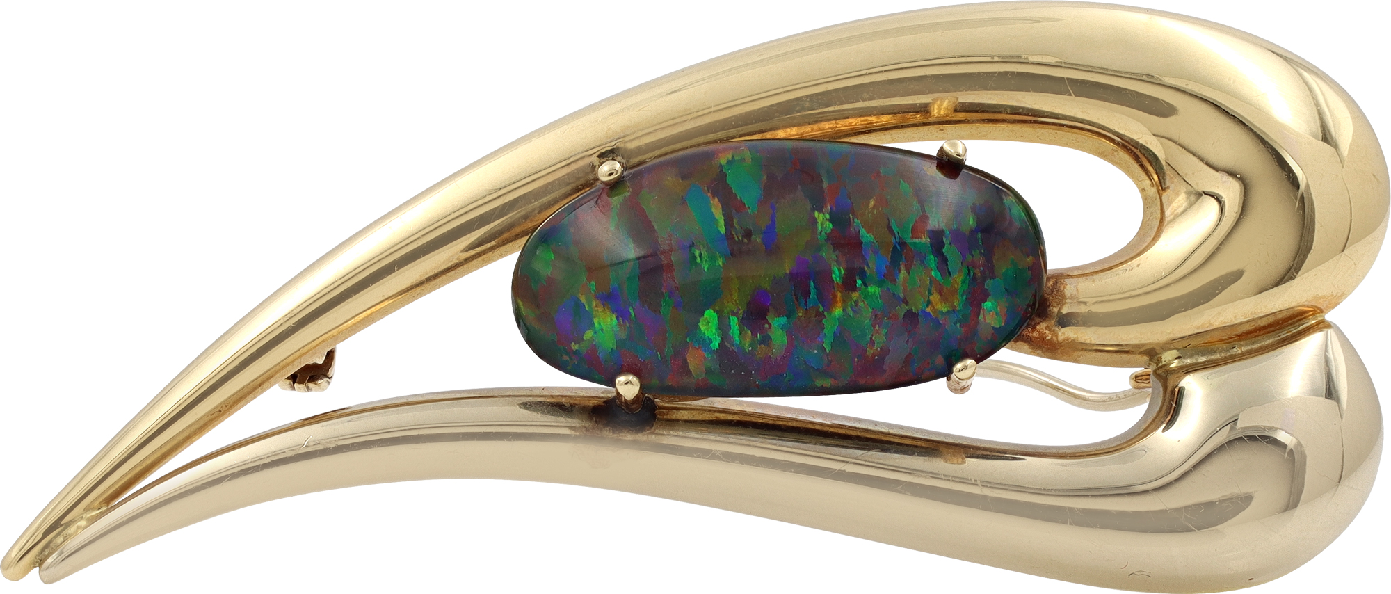 Rainbow opal in heart brooch of 14k yellow gold