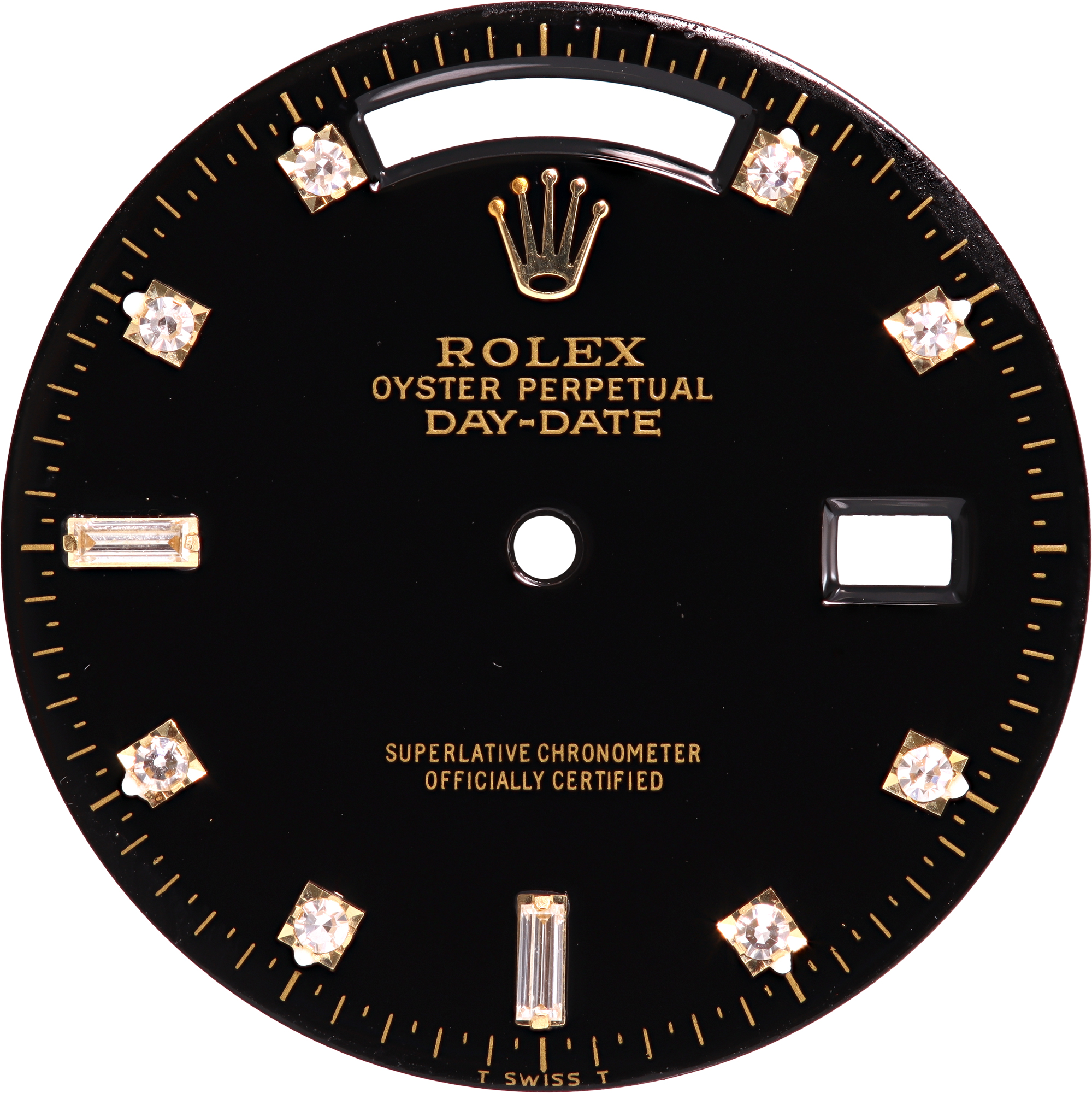 REFINISHED Rolex Day Date Black Dial with round diamond hour markers around the dial and two baguette diamonds at the 6 and 9 o'clock. This is an original Rolex diamond dial that has been refinished.