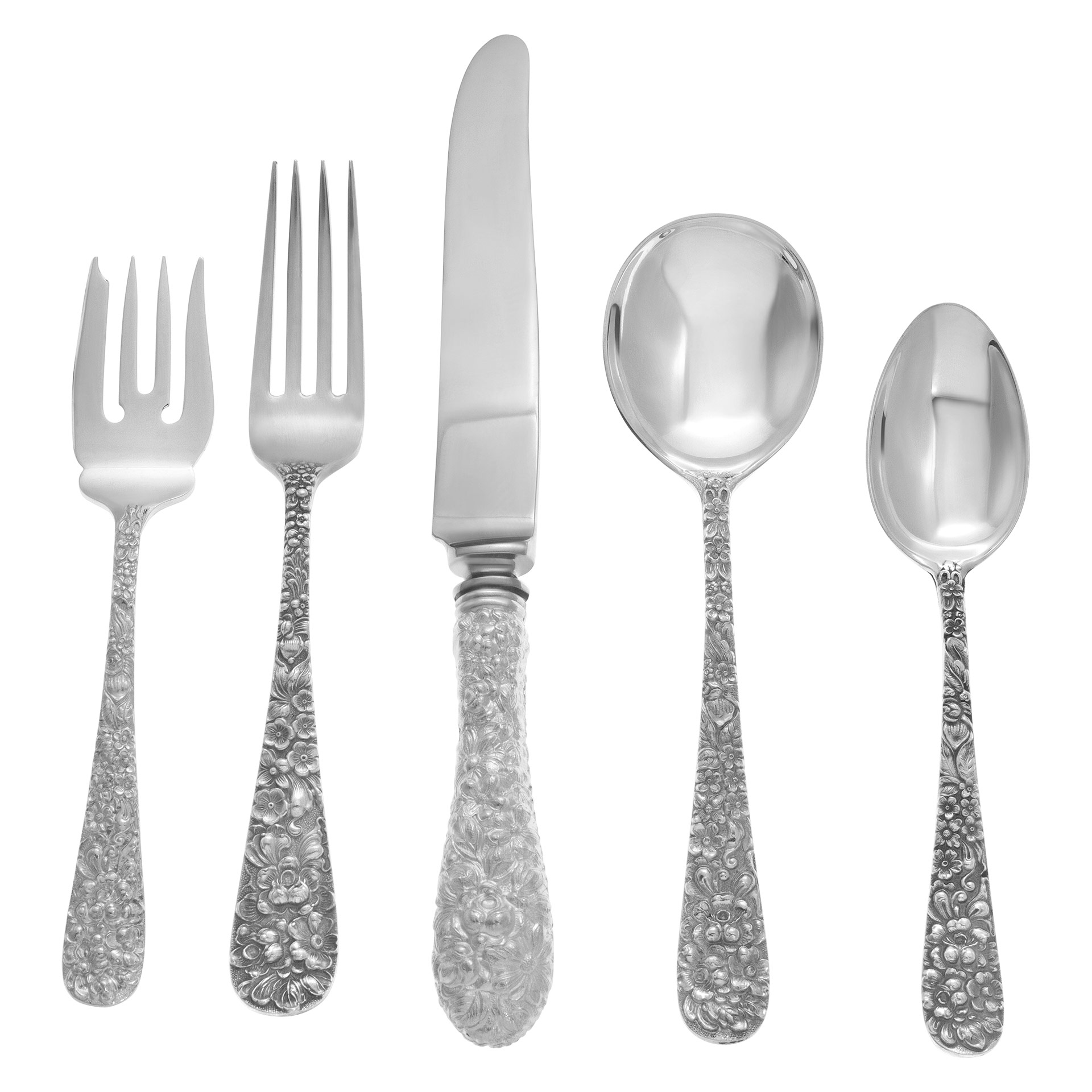 REPOUSSE & ROSE by Stieff (Patented  1828 & 1892) Complete Sterling Flatware 5 x 18 (with xtra pieces) + 18 serving pieces. Over 6500 grams (187 troy ounces) sterling silver.