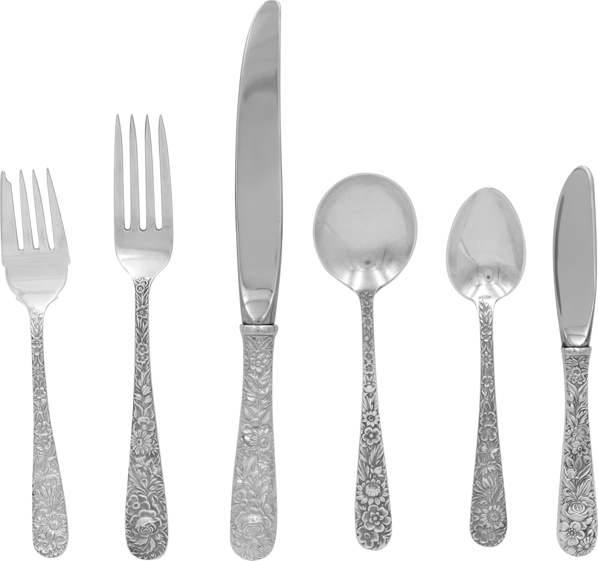 "Repousse" patented by S.Kirk & Son in 1828. TOTAL: 81 pieces. 6 piece place settings for 8 people (double tea spoons and salad forks) plus 17 N518675